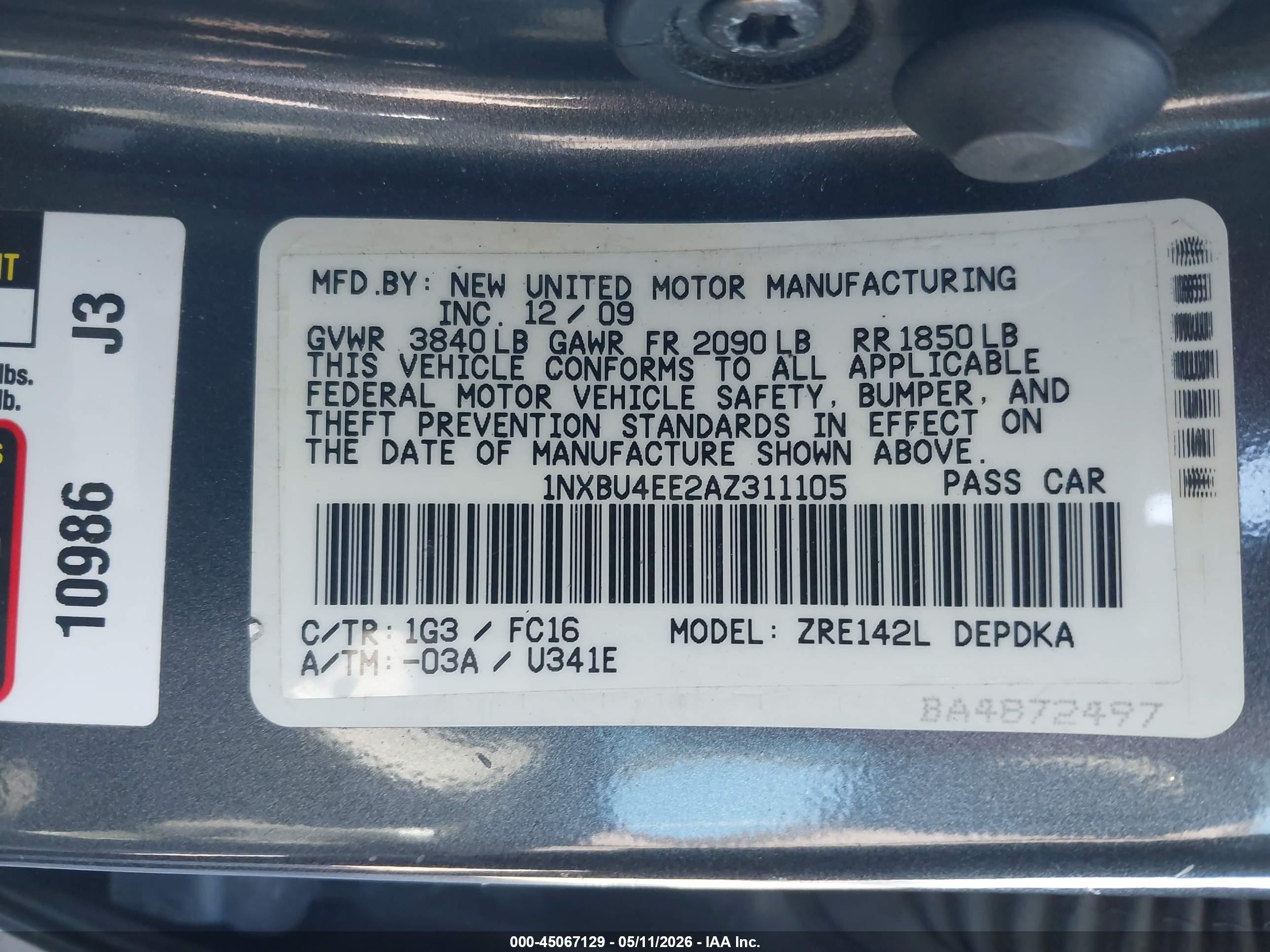 2010 Toyota Corolla Le Gray vin: 1NXBU4EE2AZ311105