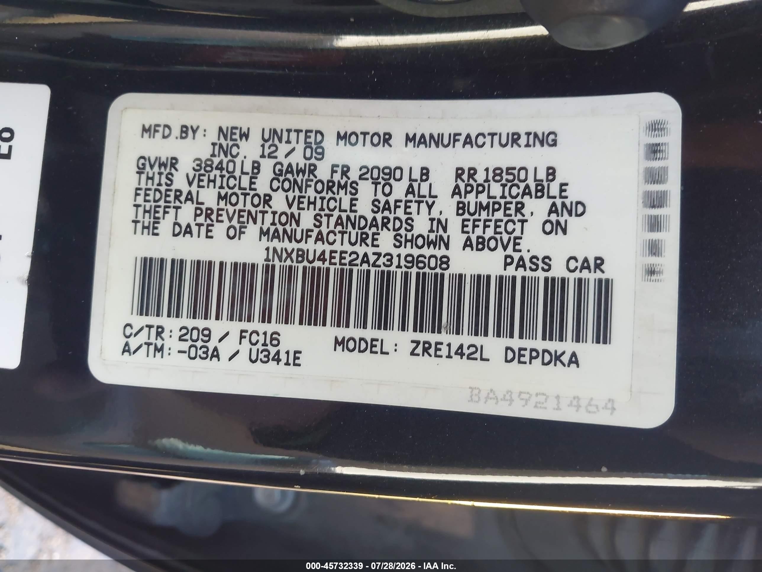 2010 Toyota Corolla Le Black vin: 1NXBU4EE2AZ319608