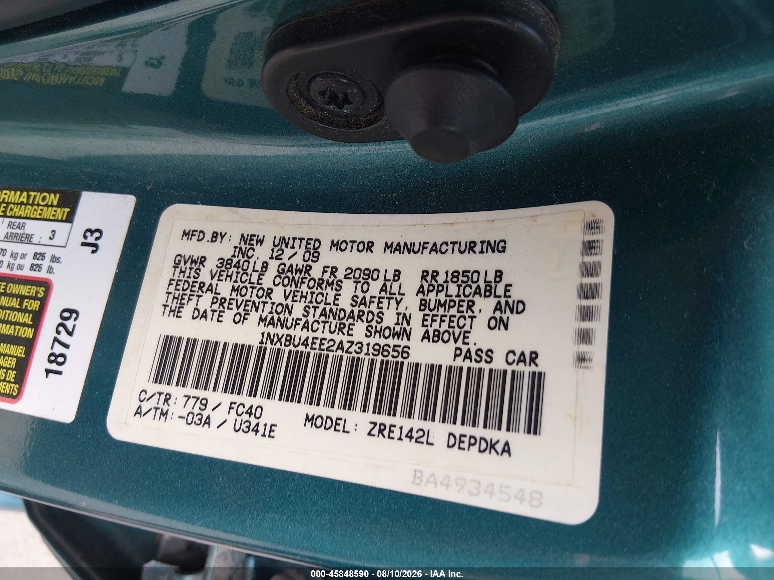 2010 Toyota Corolla Le Teal vin: 1NXBU4EE2AZ319656