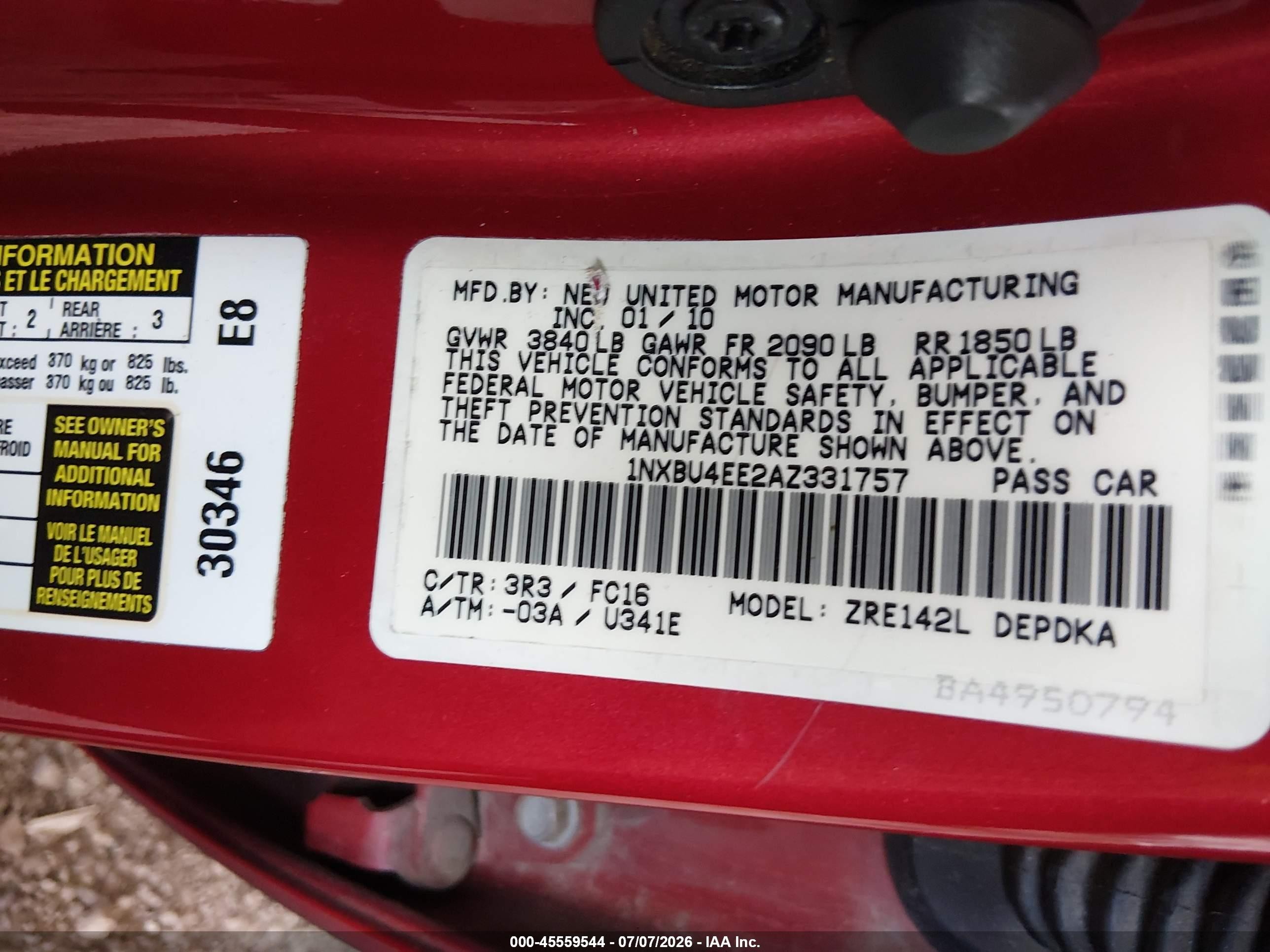 2010 Toyota Corolla Le Red vin: 1NXBU4EE2AZ331757
