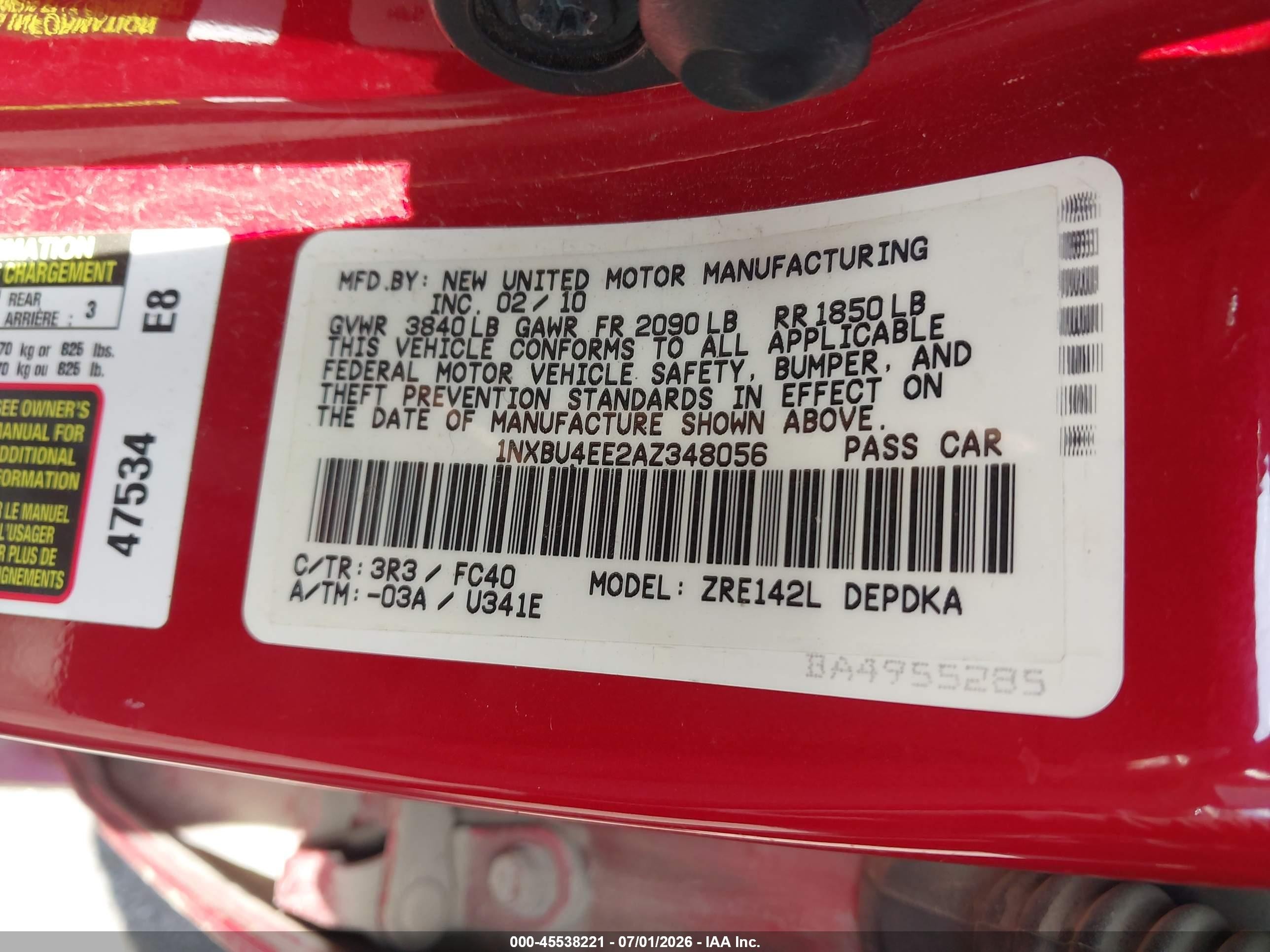 2010 Toyota Corolla Le Red vin: 1NXBU4EE2AZ348056