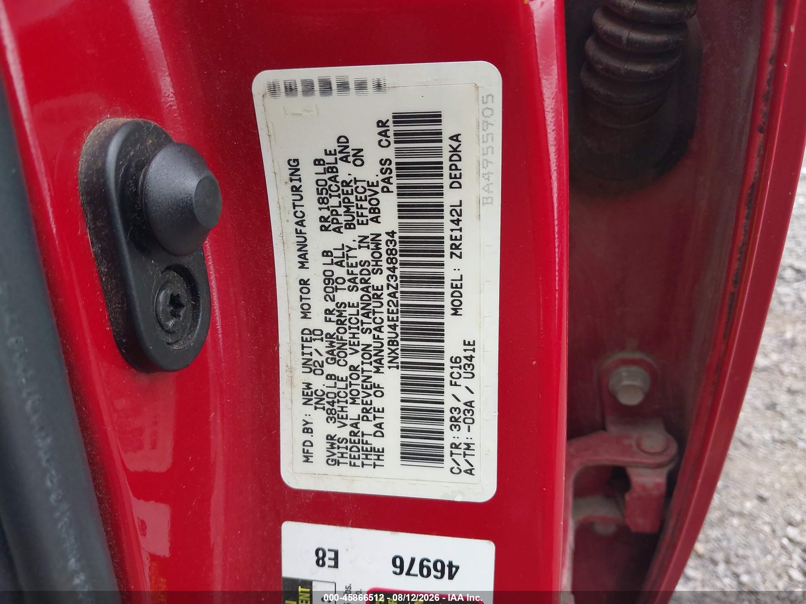 2010 Toyota Corolla Le Red vin: 1NXBU4EE2AZ348834