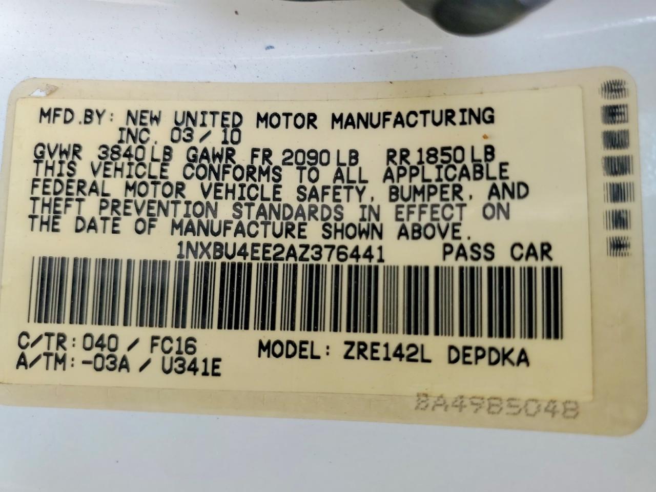 2010 Toyota Corolla Le White vin: 1NXBU4EE2AZ376441