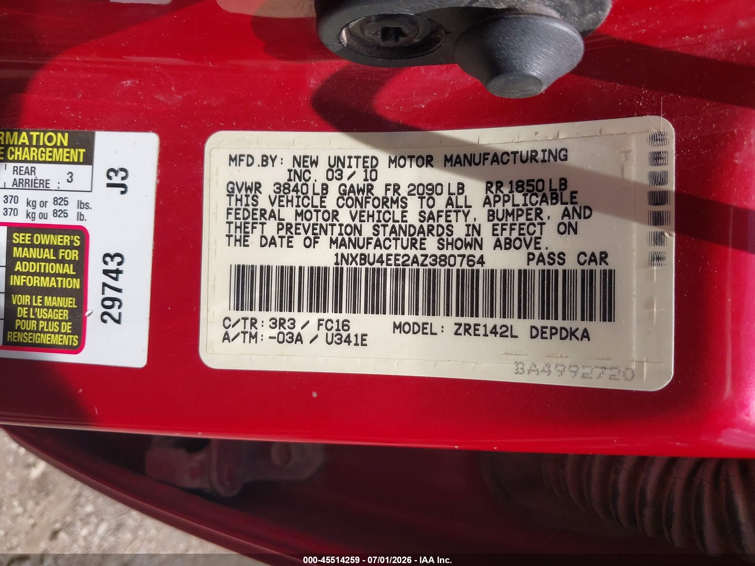 2010 Toyota Corolla Le Красный vin: 1NXBU4EE2AZ380764