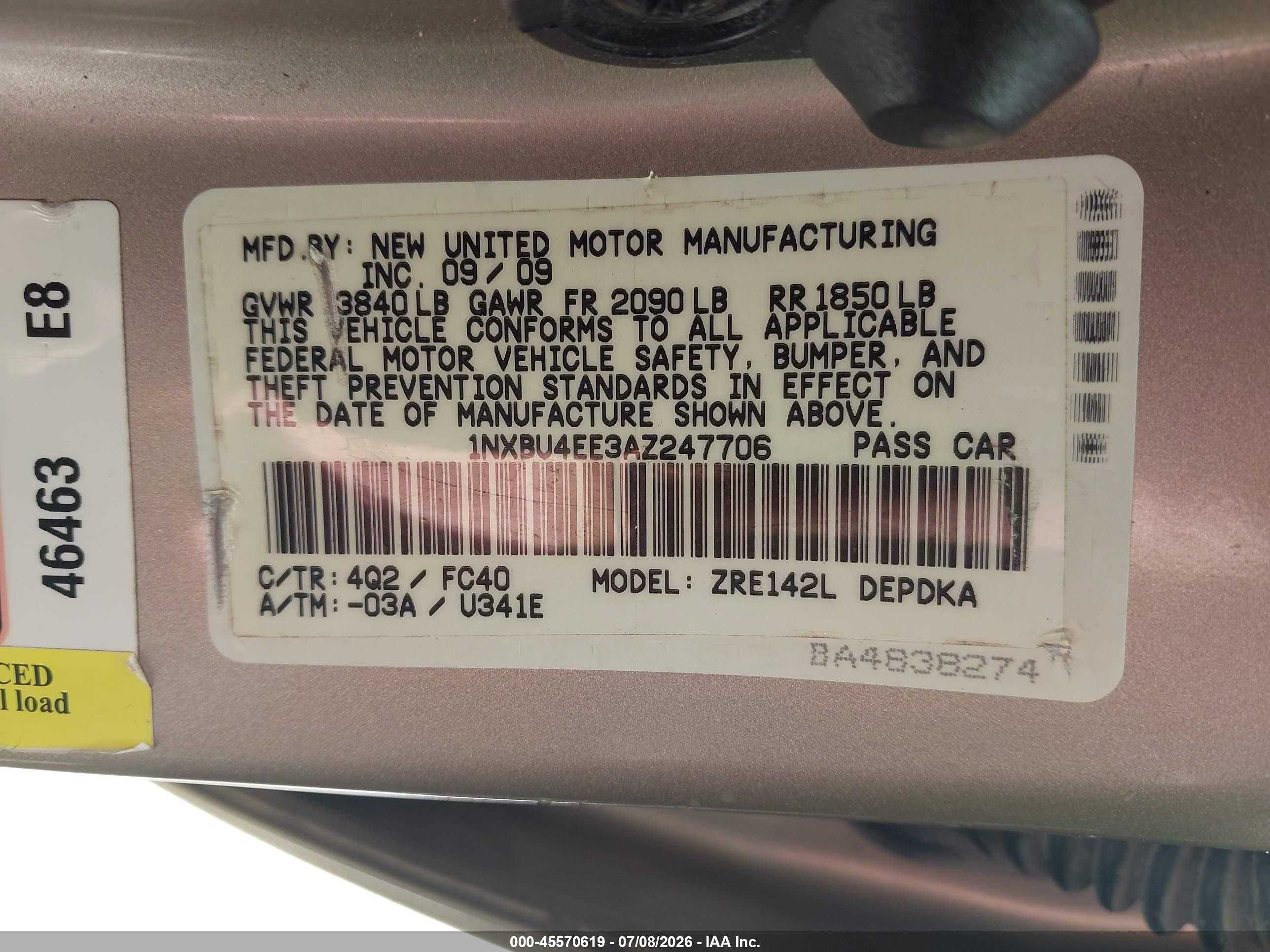 2010 Toyota Corolla Le Gold vin: 1NXBU4EE3AZ247706