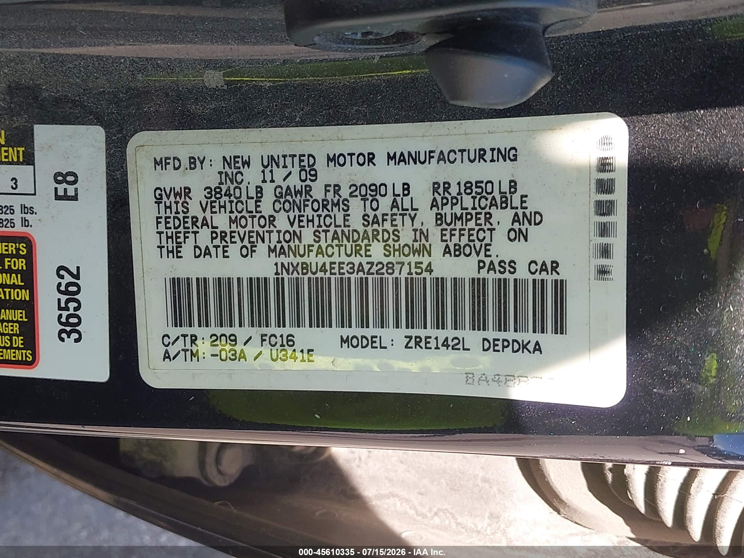 2010 Toyota Corolla Le Black vin: 1NXBU4EE3AZ287154