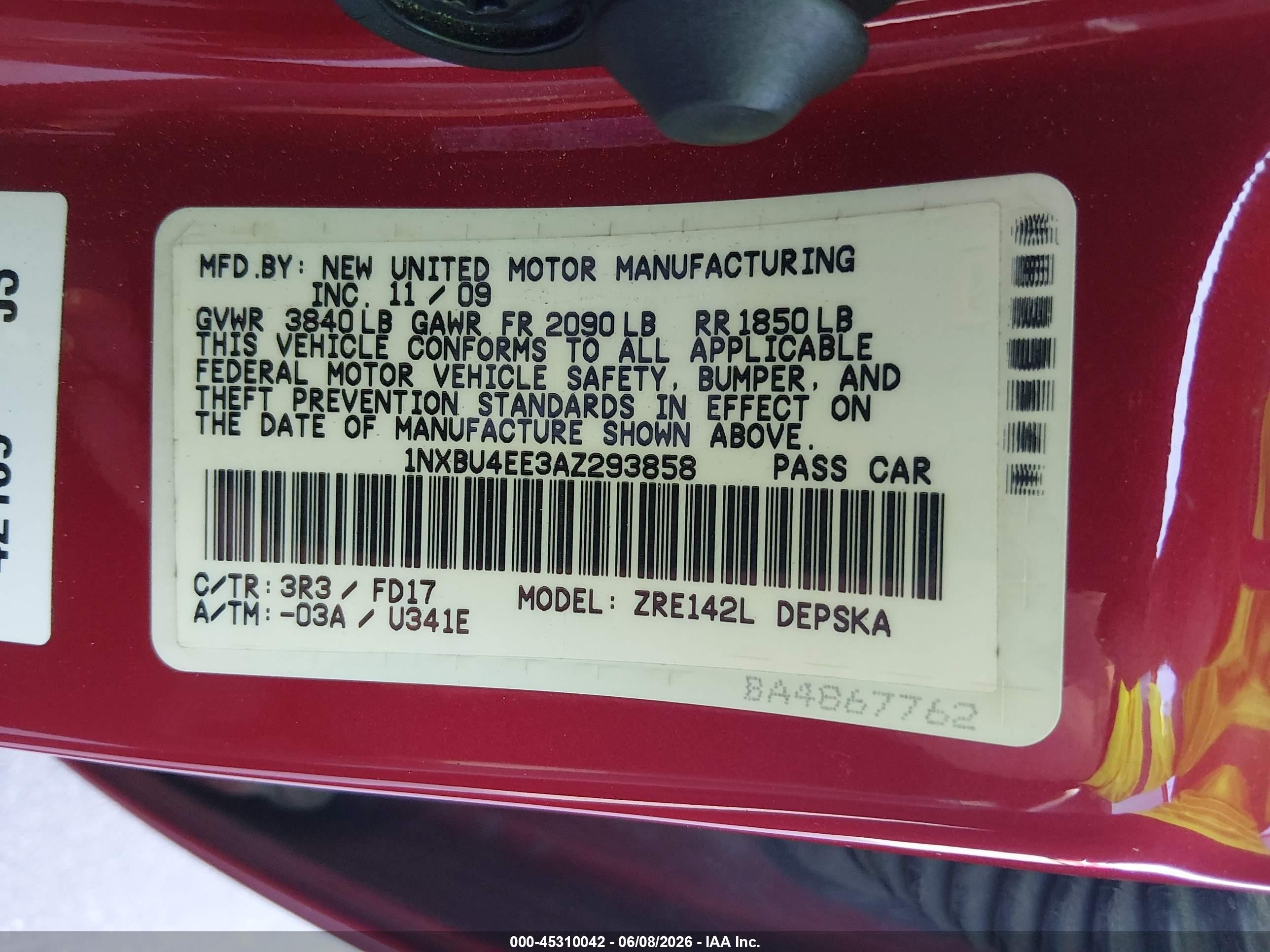 2010 Toyota Corolla S Red vin: 1NXBU4EE3AZ293858
