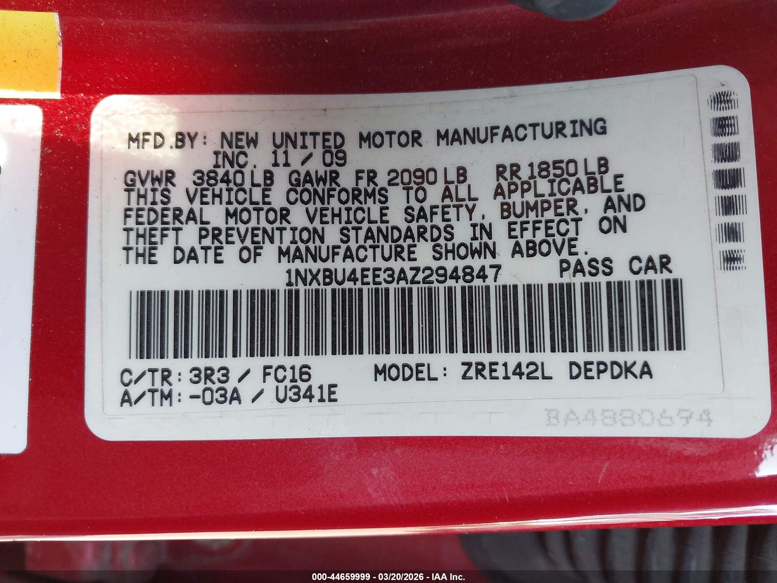 2010 Toyota Corolla Le Red vin: 1NXBU4EE3AZ294847