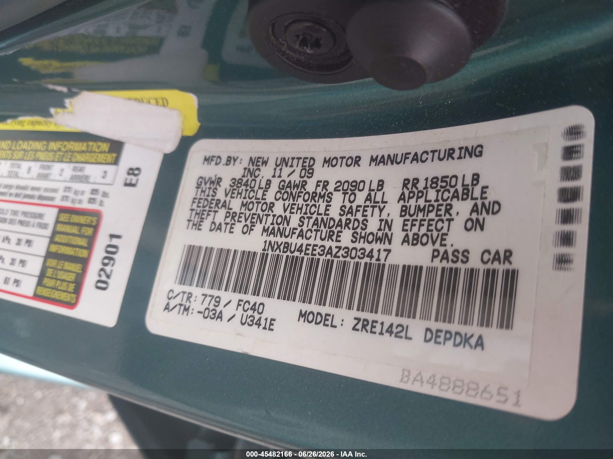2010 Toyota Corolla Le Бирюзовый vin: 1NXBU4EE3AZ303417
