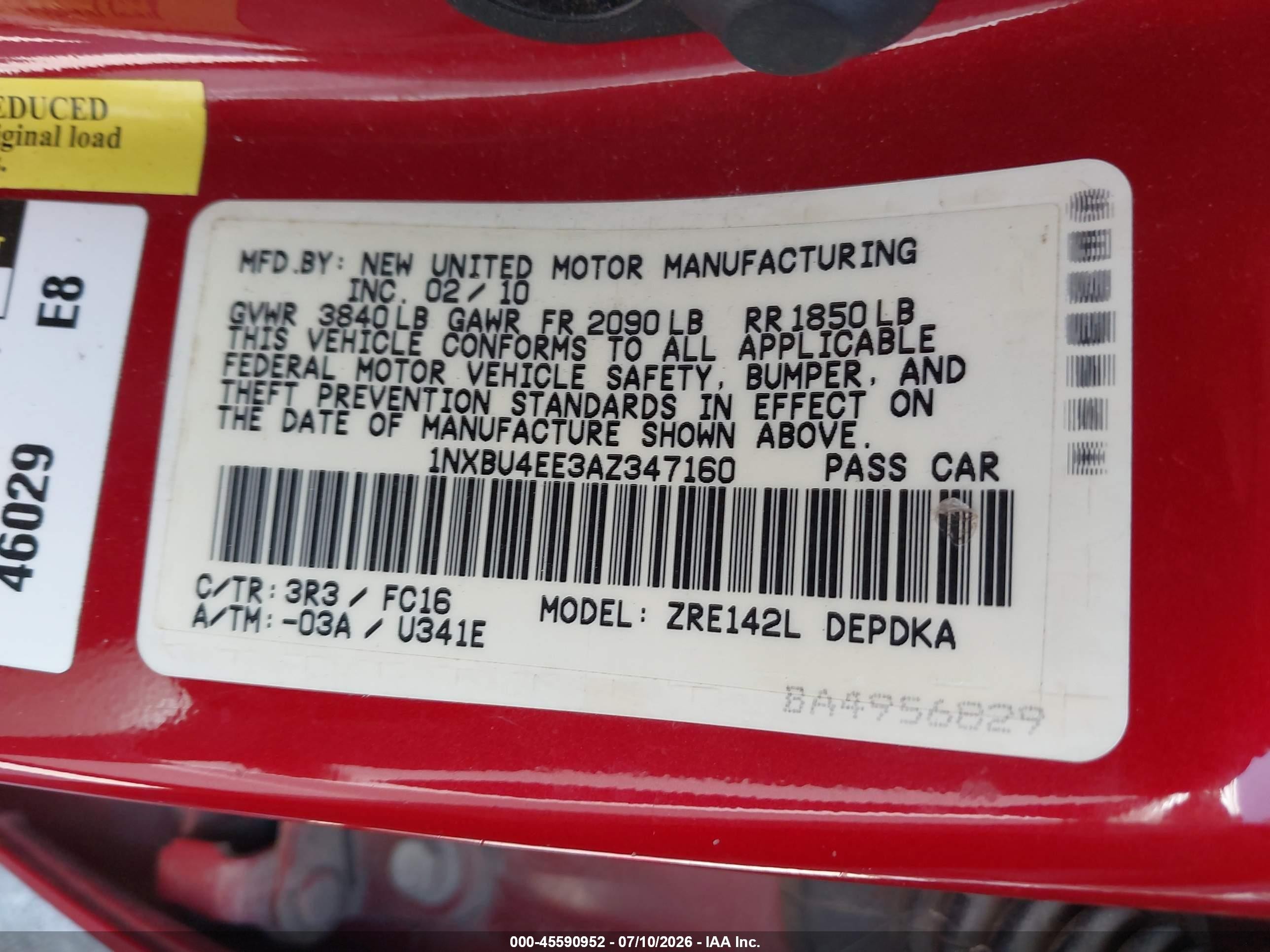 2010 Toyota Corolla Le Красный vin: 1NXBU4EE3AZ347160