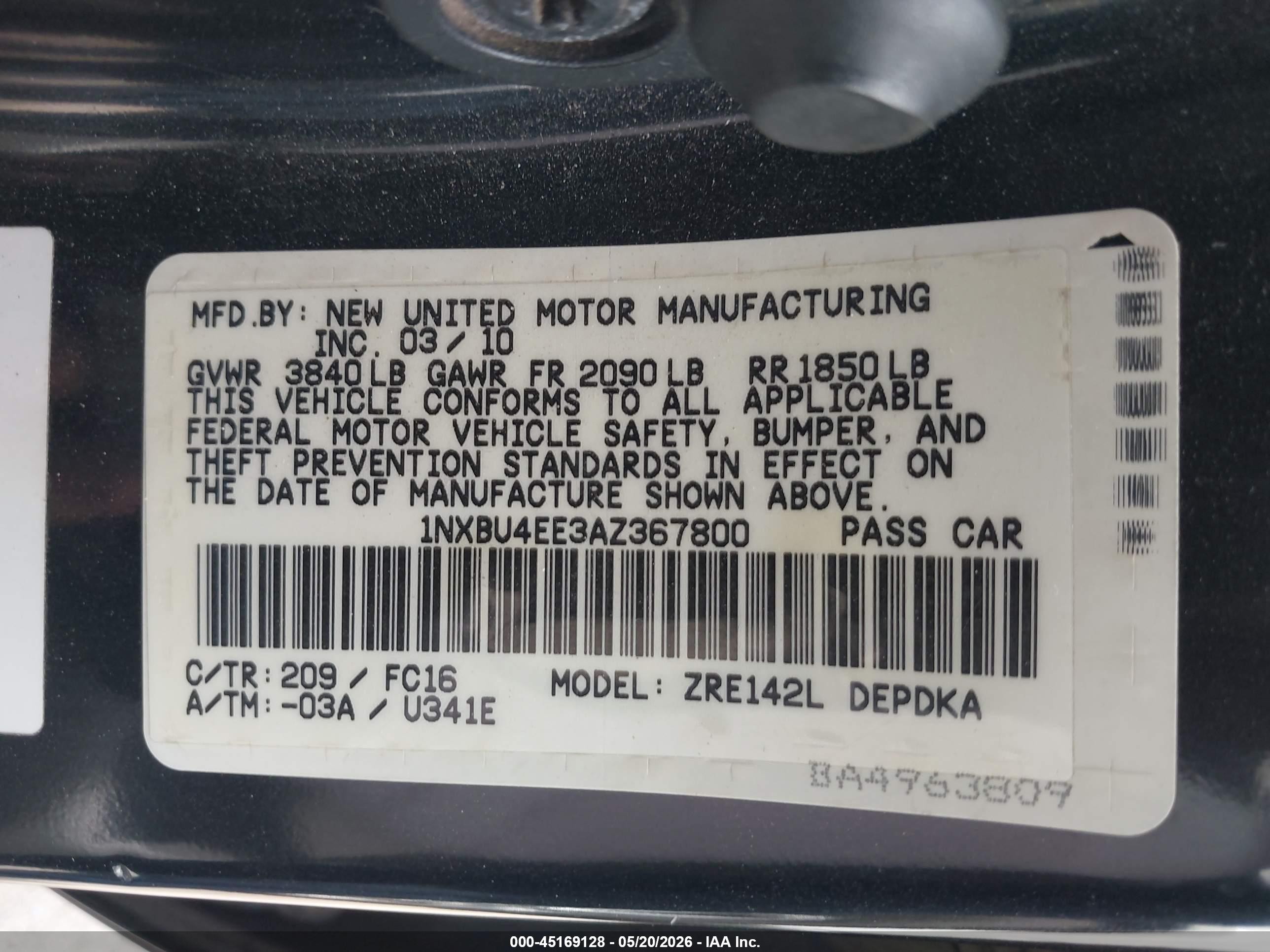 2010 Toyota Corolla Le Black vin: 1NXBU4EE3AZ367800