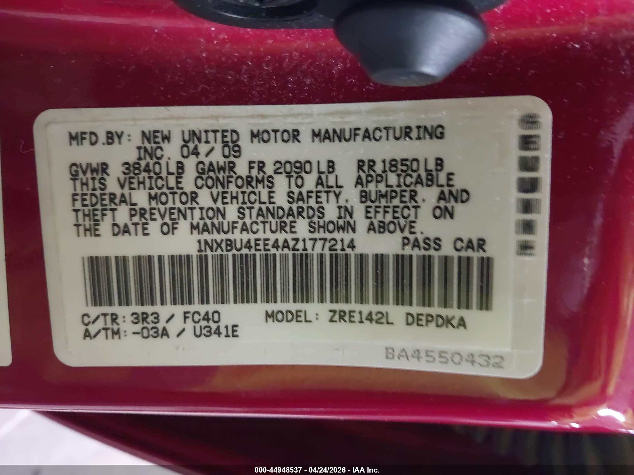 2010 Toyota Corolla Le Red vin: 1NXBU4EE4AZ177214
