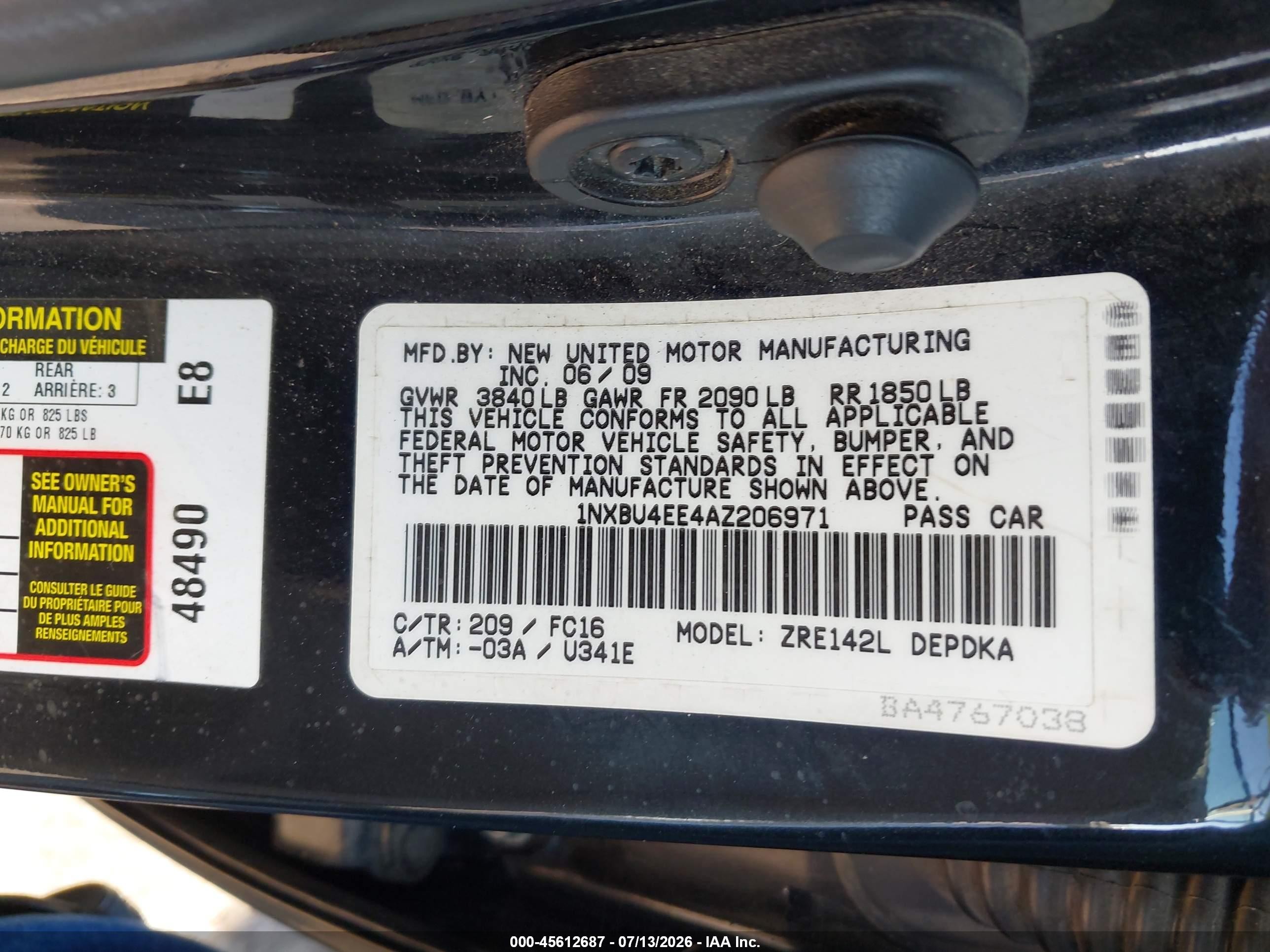 2010 Toyota Corolla Le Black vin: 1NXBU4EE4AZ206971