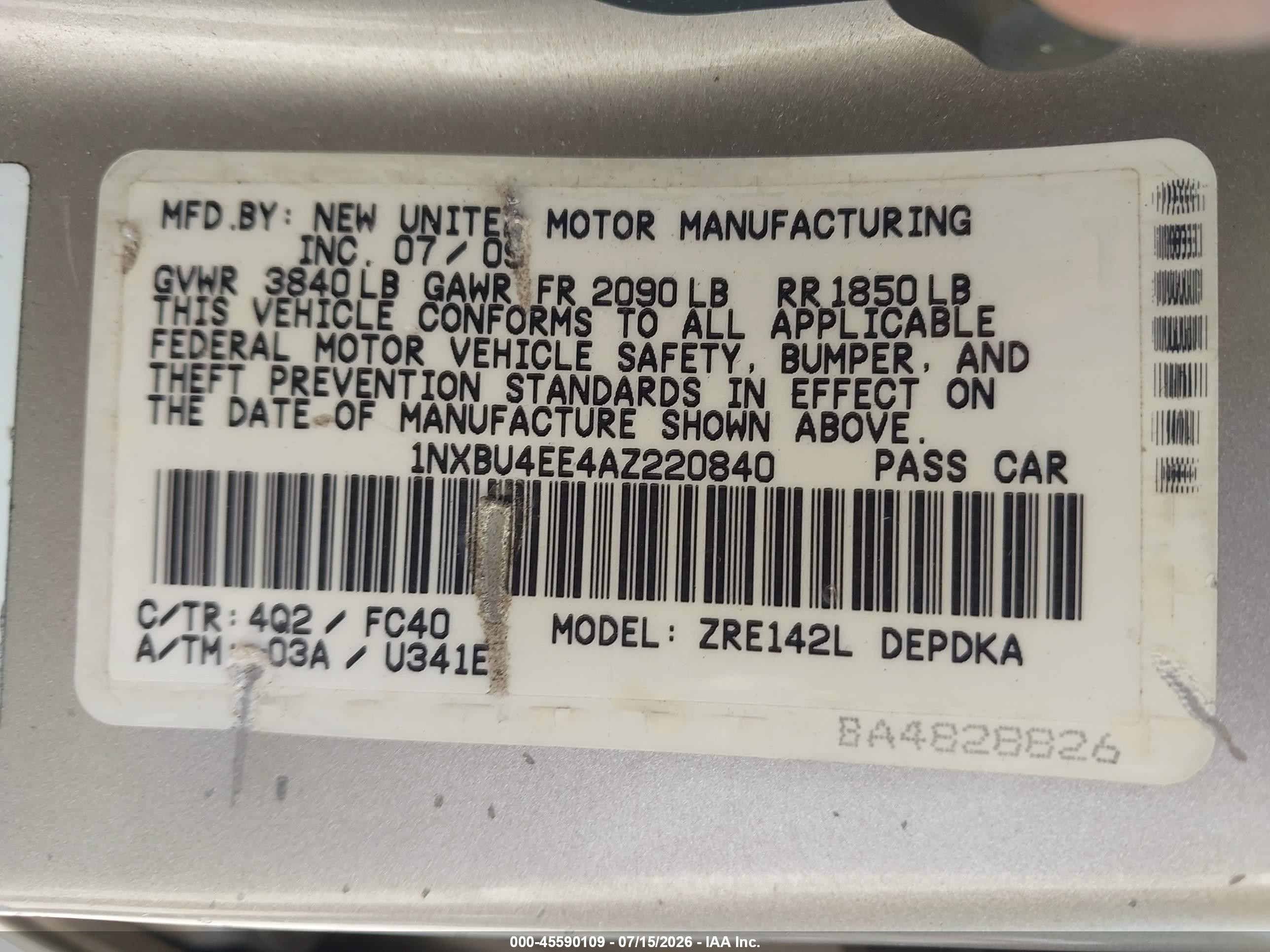 2010 Toyota Corolla Le Champagne vin: 1NXBU4EE4AZ220840