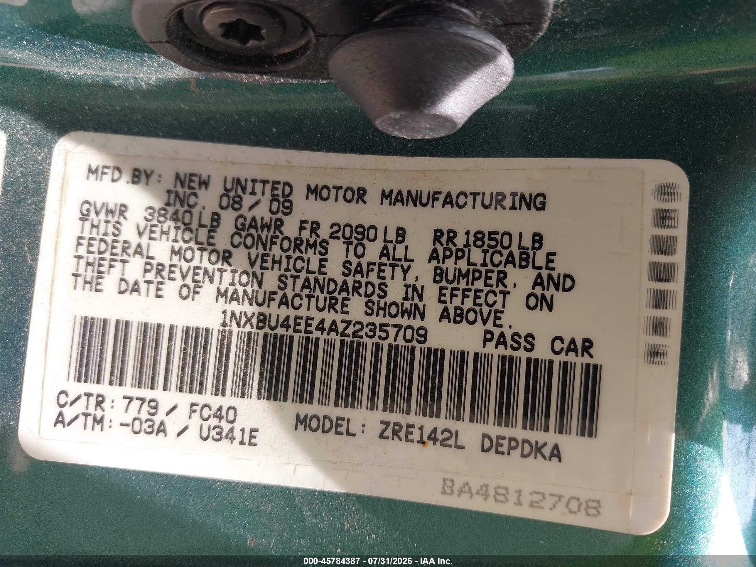 2010 Toyota Corolla Le Teal vin: 1NXBU4EE4AZ235709