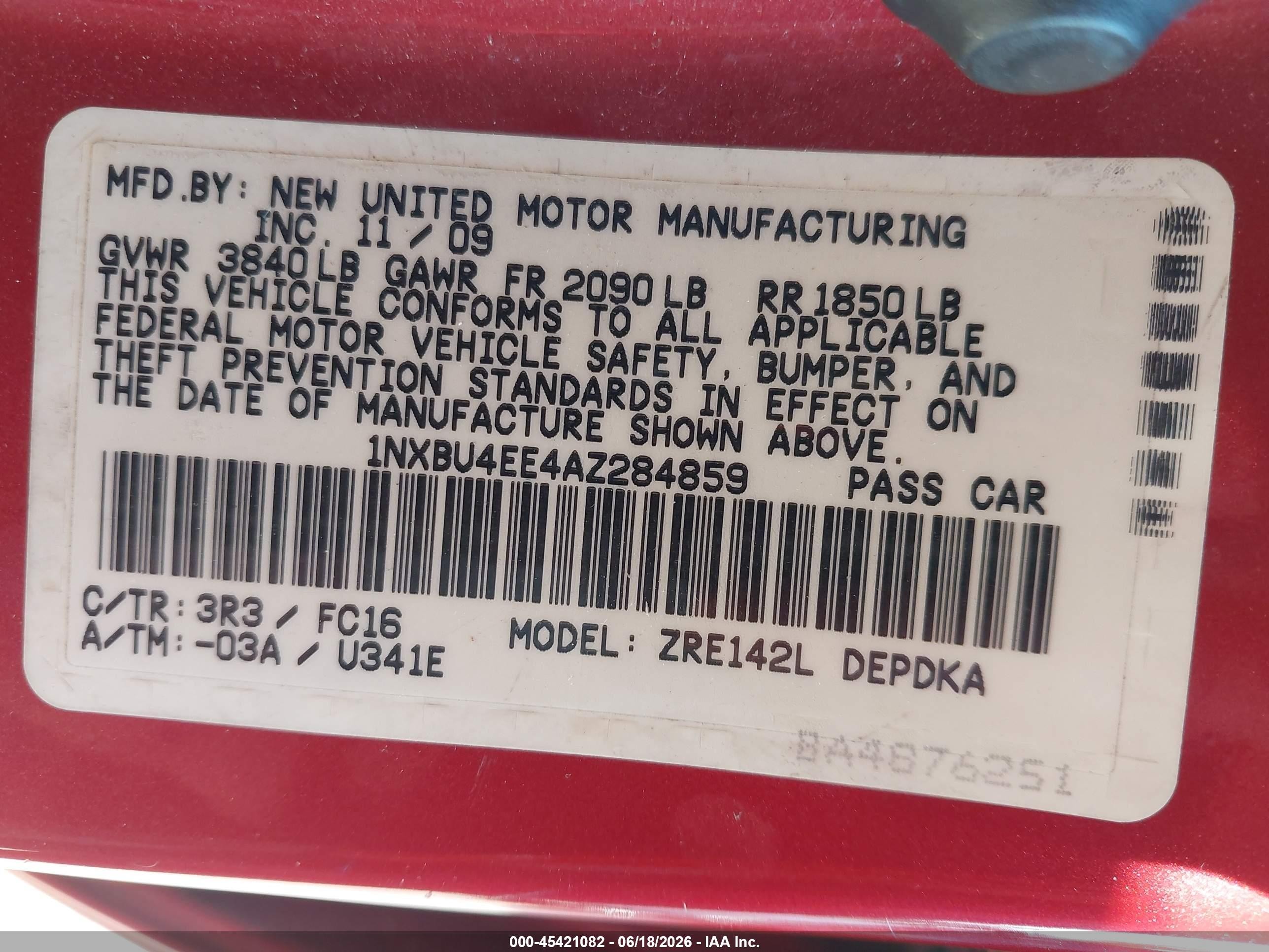 2010 Toyota Corolla Le Red vin: 1NXBU4EE4AZ284859