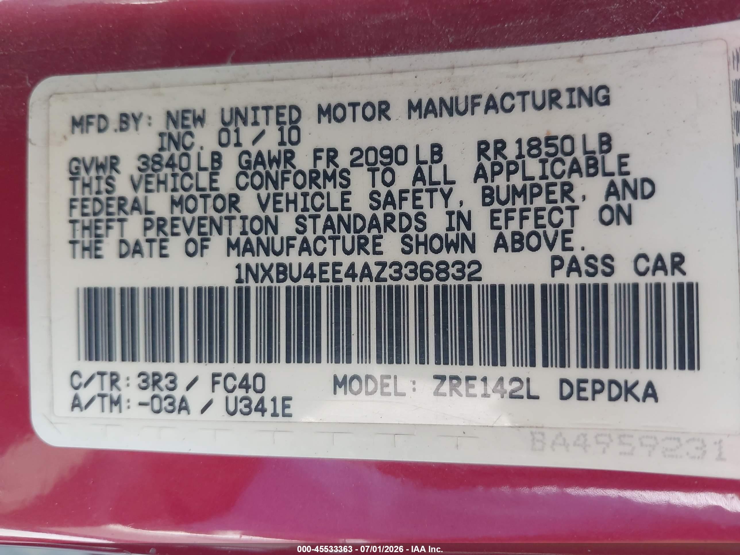 2010 Toyota Corolla Le Red vin: 1NXBU4EE4AZ336832