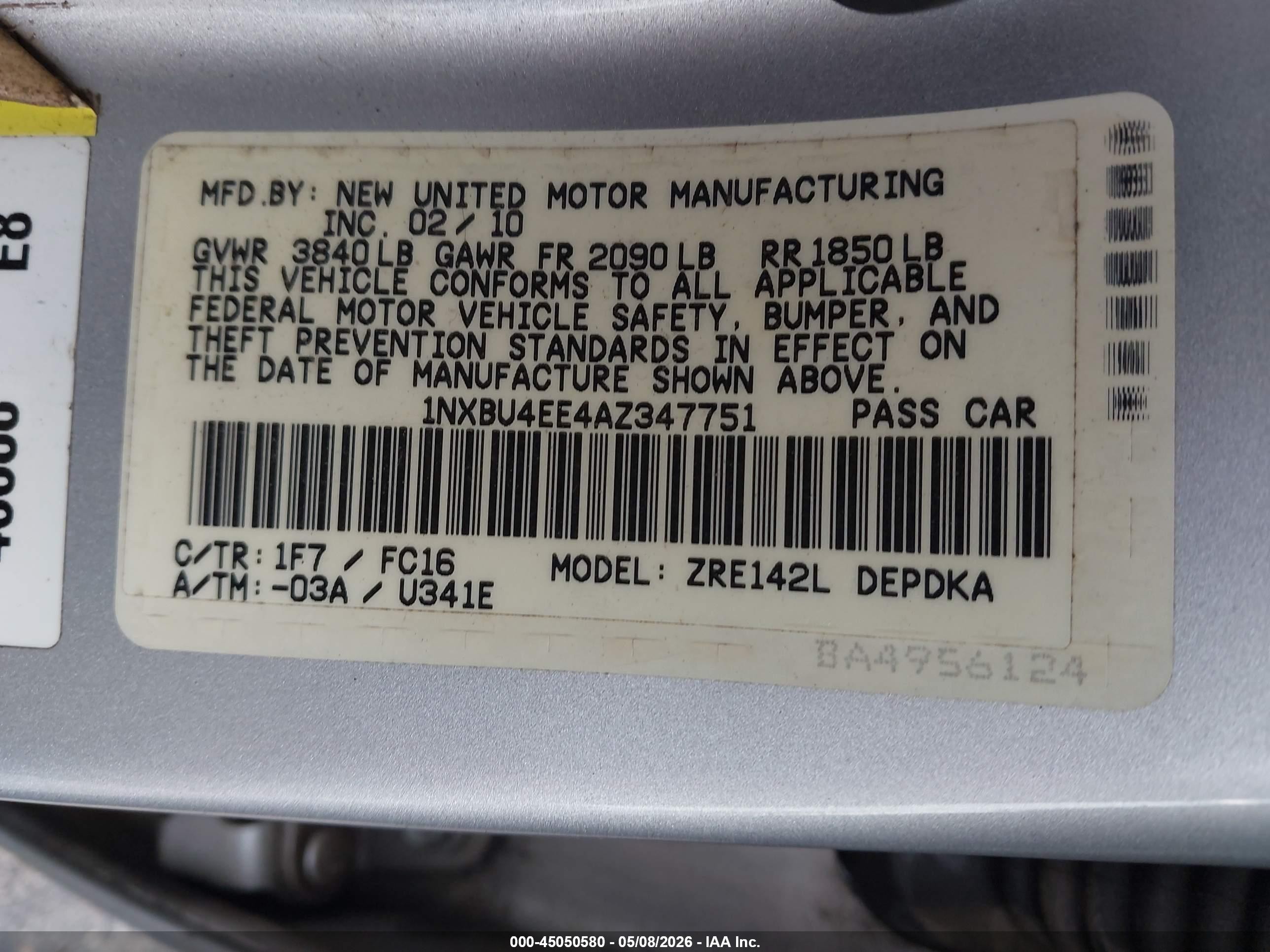 2010 Toyota Corolla Le Gray vin: 1NXBU4EE4AZ347751