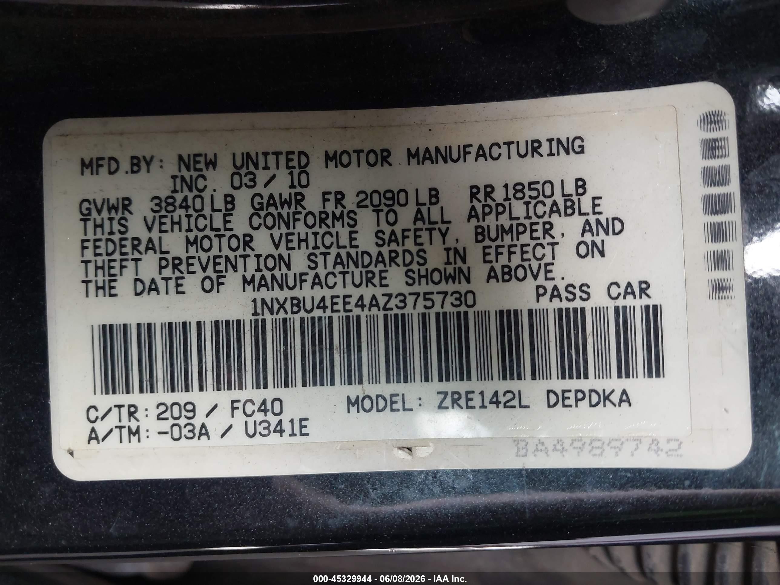 2010 Toyota Corolla Le Black vin: 1NXBU4EE4AZ375730