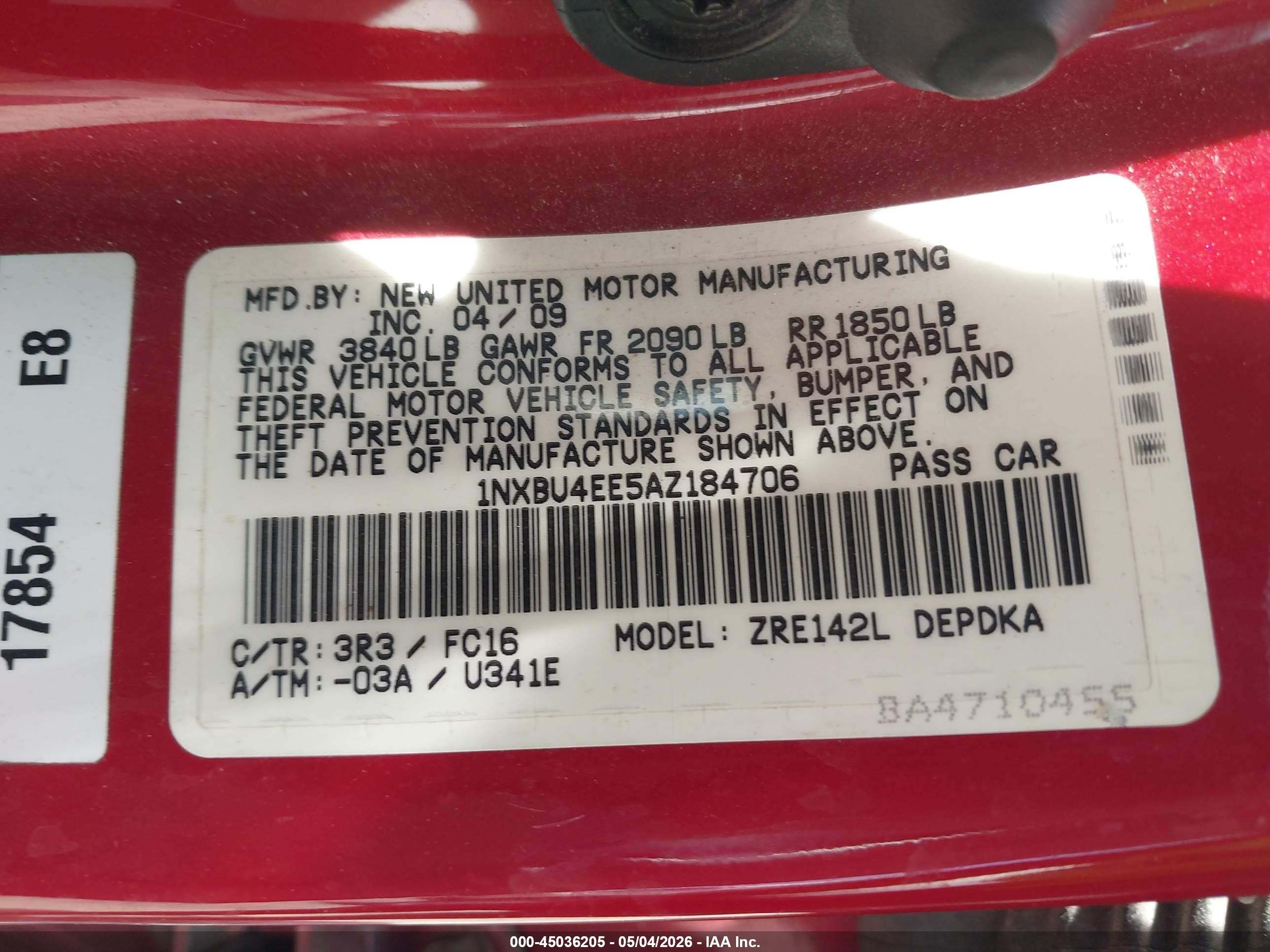 2010 Toyota Corolla Le Красный vin: 1NXBU4EE5AZ184706