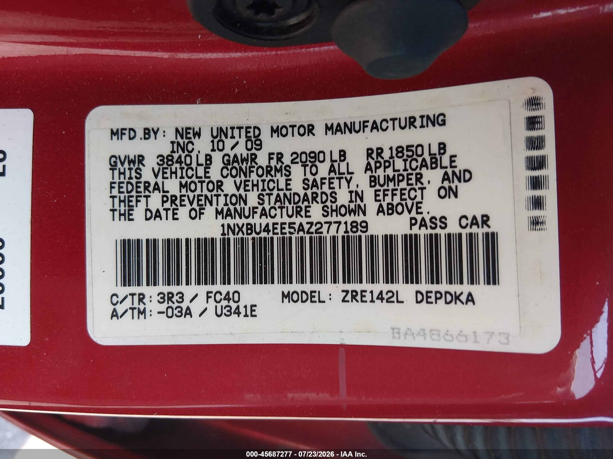 2010 Toyota Corolla Le Red vin: 1NXBU4EE5AZ277189