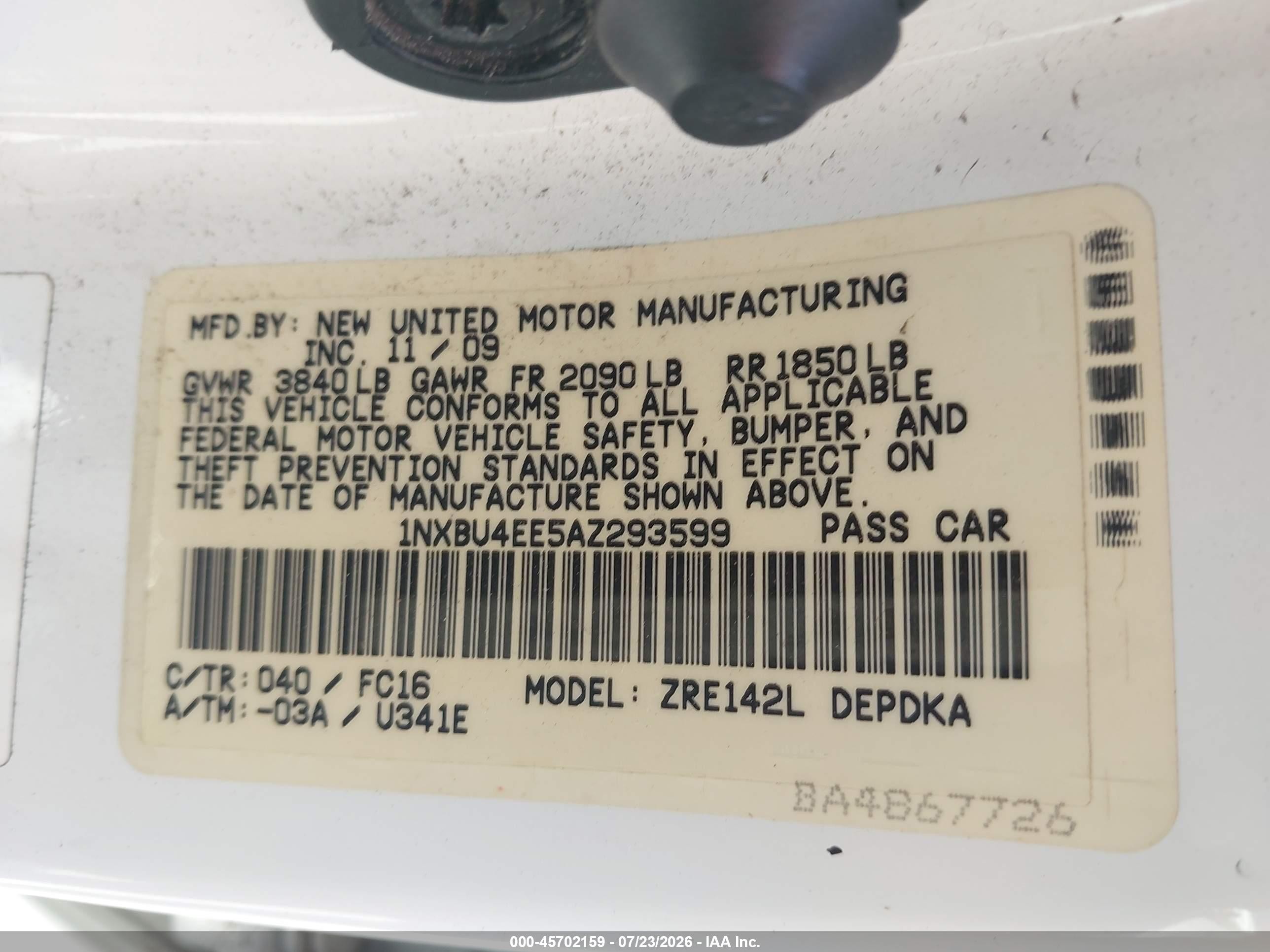 2010 Toyota Corolla Le Белый vin: 1NXBU4EE5AZ293599