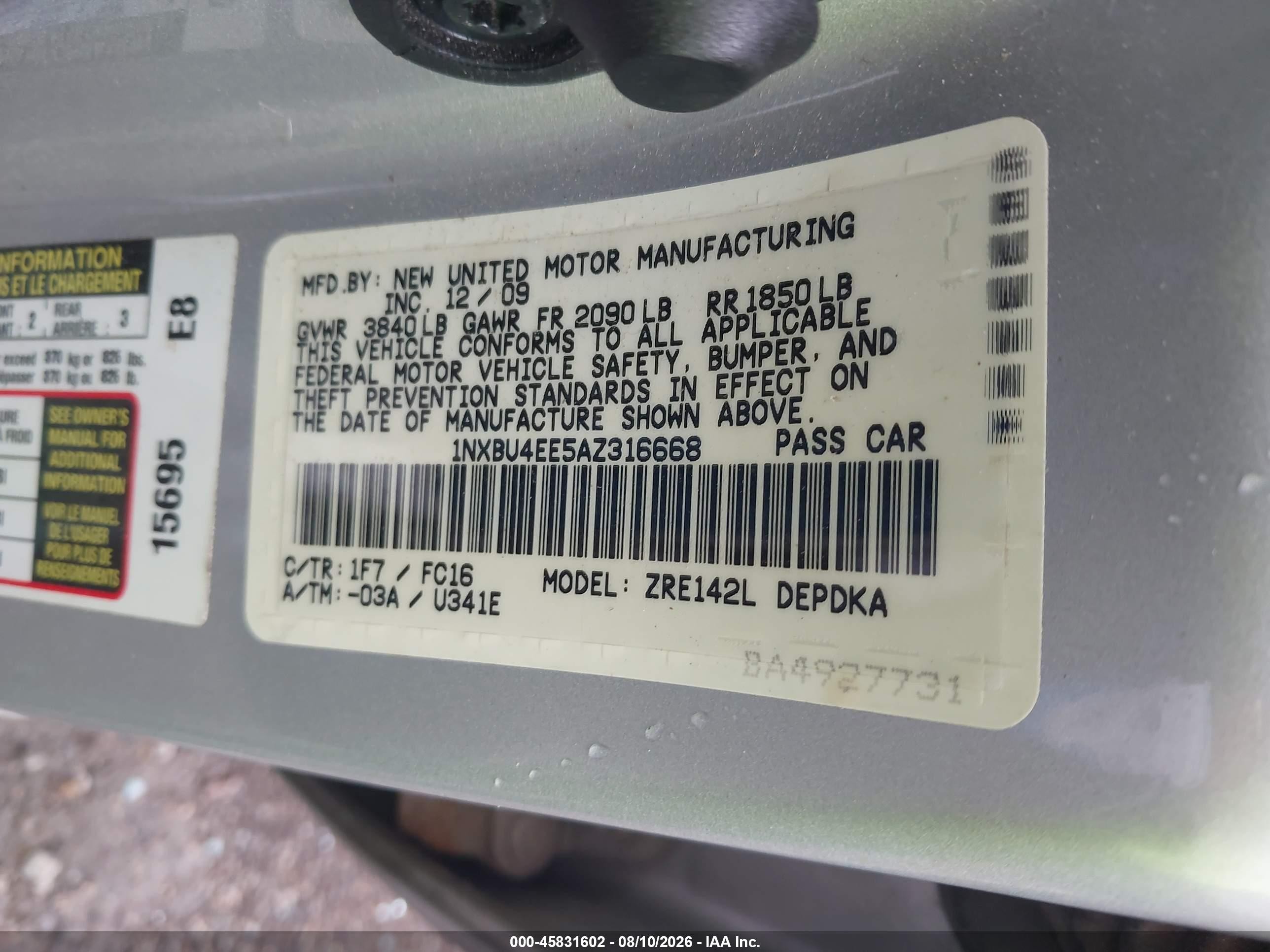 2010 Toyota Corolla Le Silver vin: 1NXBU4EE5AZ316668