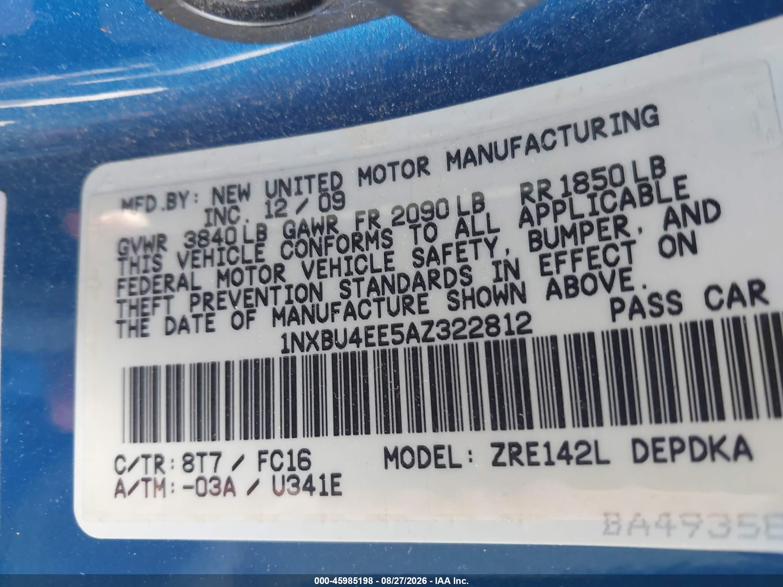 2010 Toyota Corolla Le Blue vin: 1NXBU4EE5AZ322812