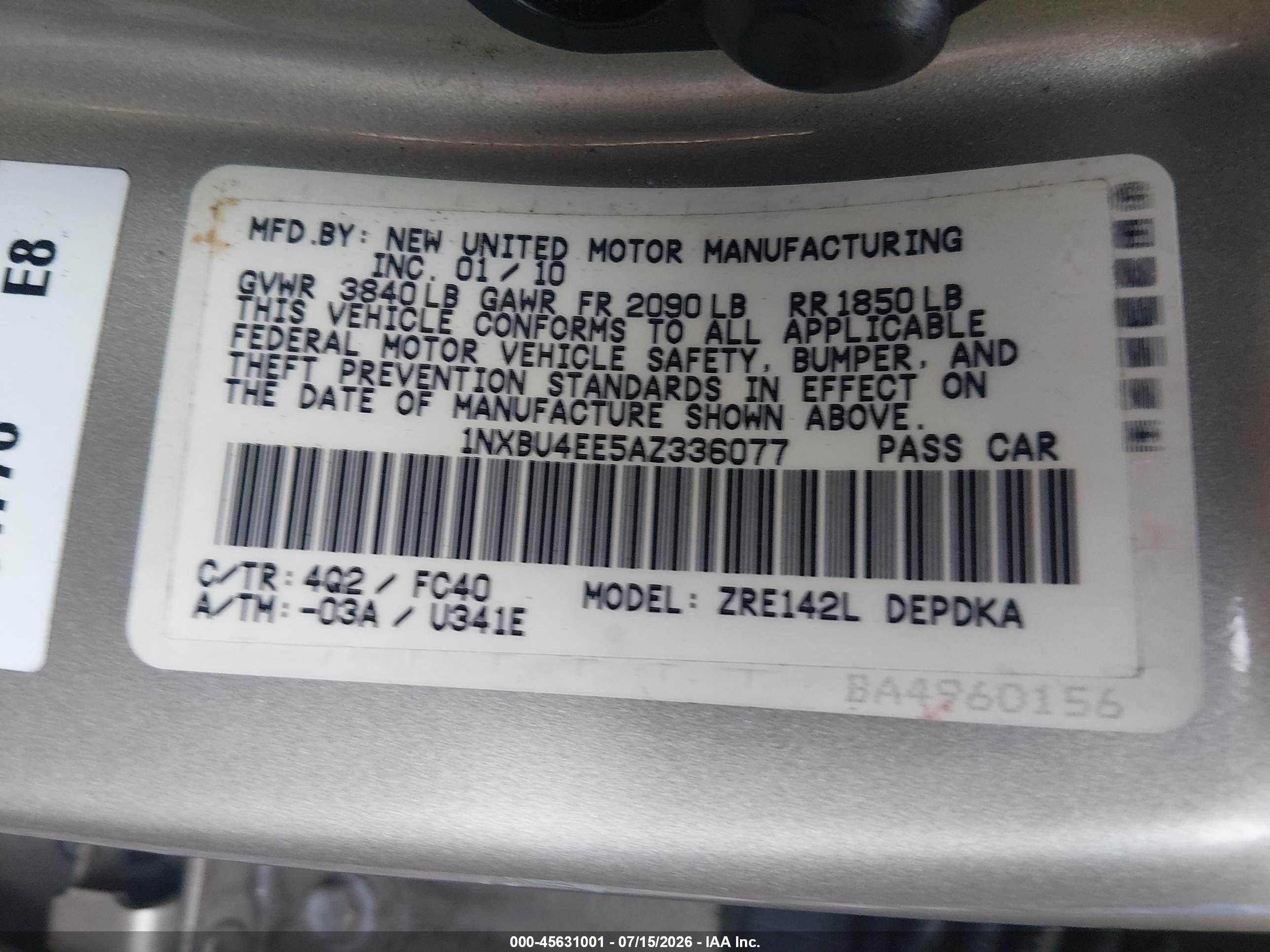 2010 Toyota Corolla Le Gold vin: 1NXBU4EE5AZ336077