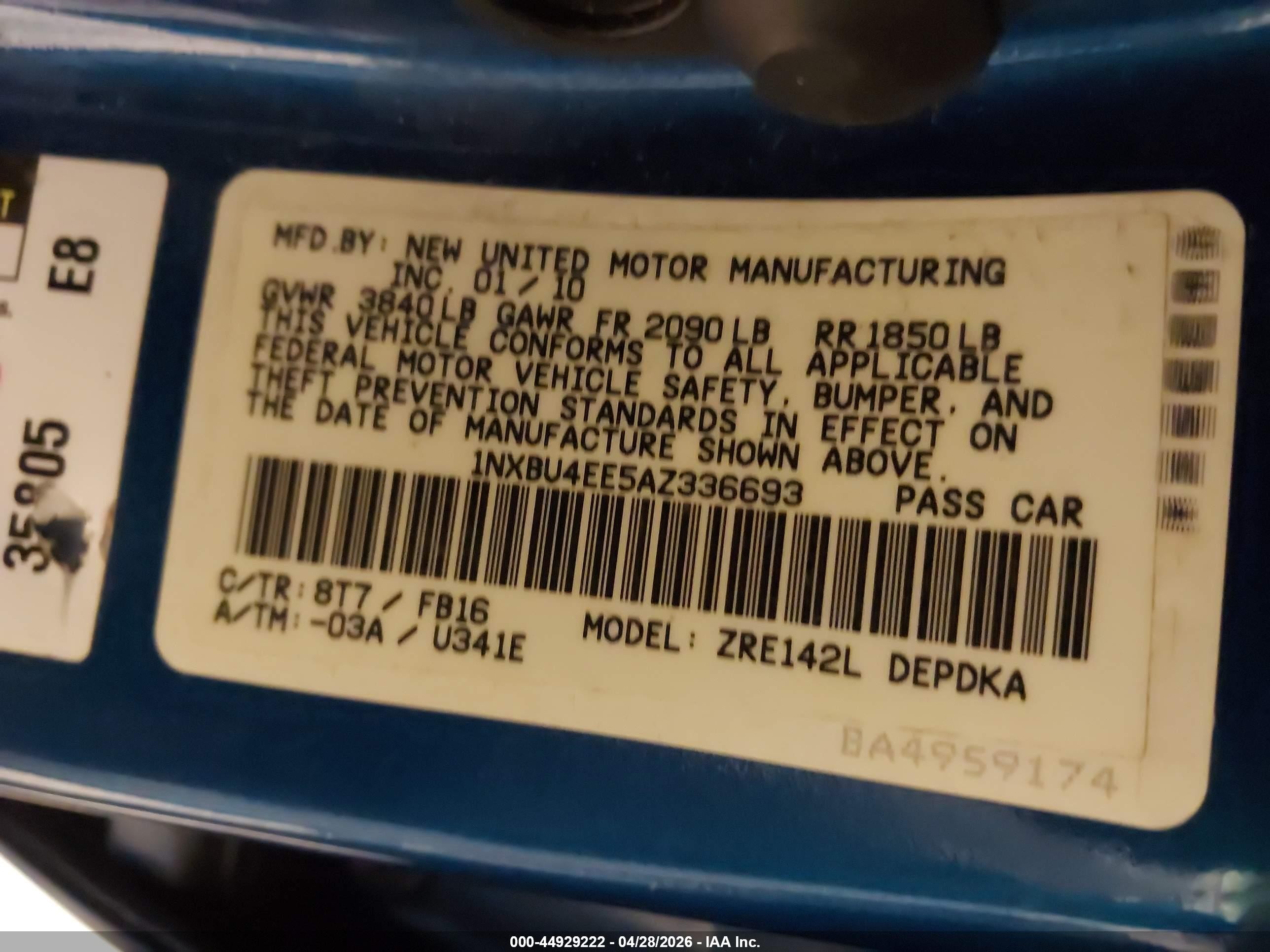 2010 Toyota Corolla   Blue vin: 1NXBU4EE5AZ336693