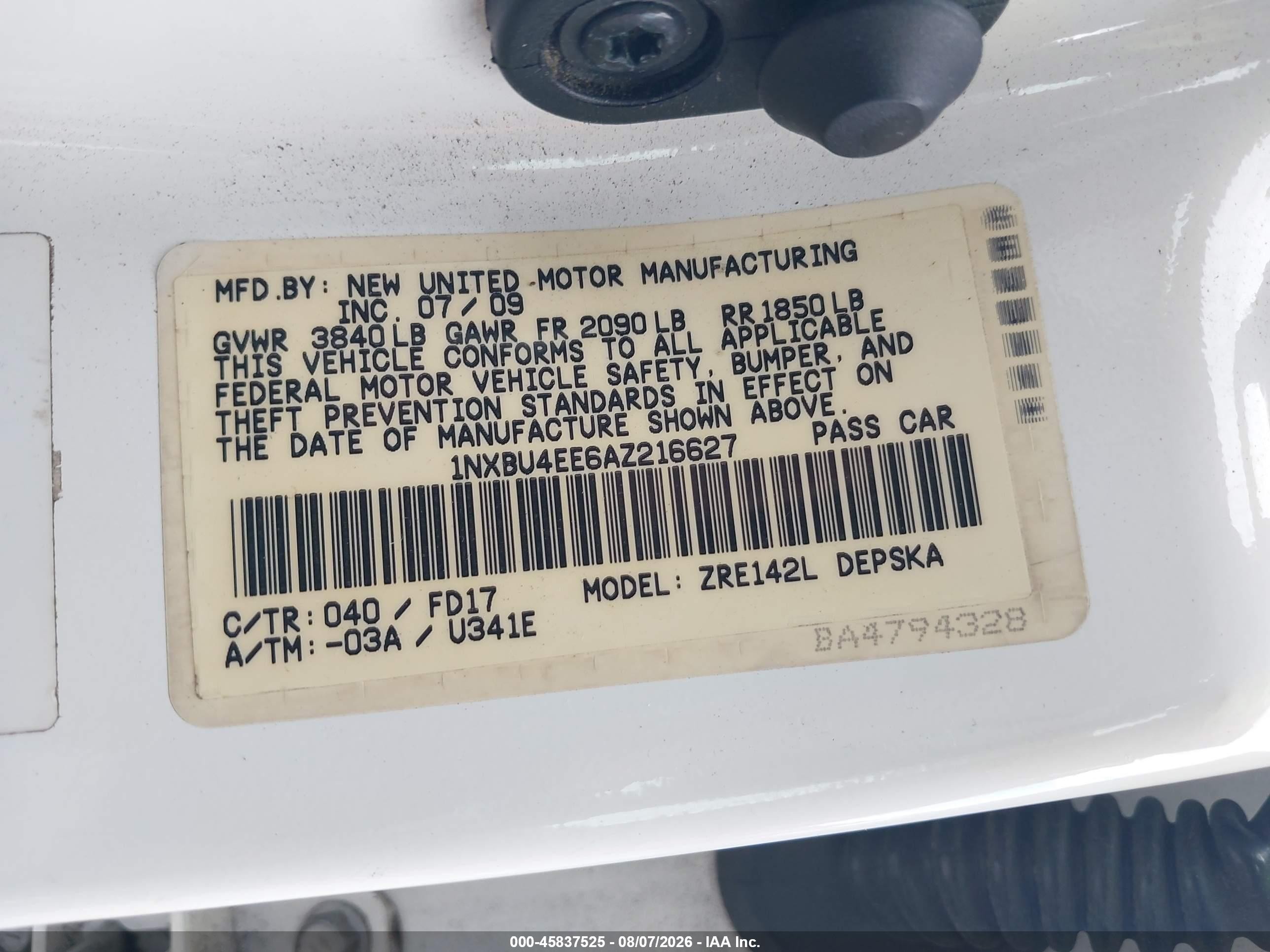 2010 Toyota Corolla S White vin: 1NXBU4EE6AZ216627