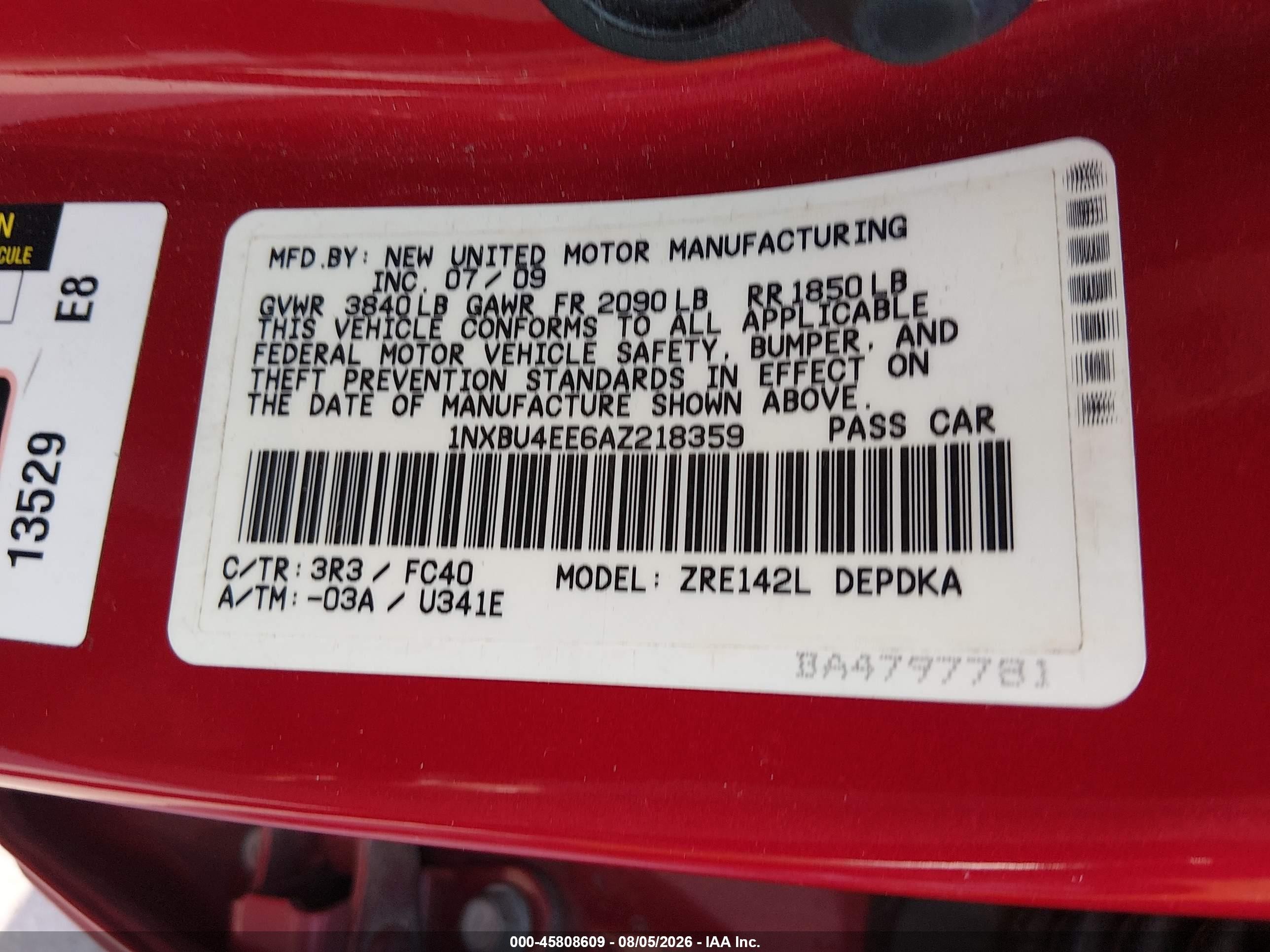 2010 Toyota Corolla Le Red vin: 1NXBU4EE6AZ218359
