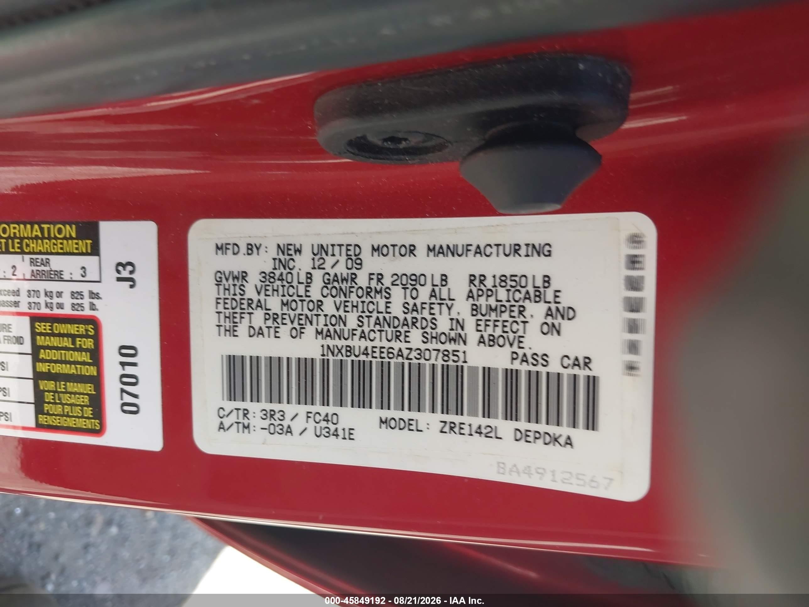 2010 Toyota Corolla Le Red vin: 1NXBU4EE6AZ307851
