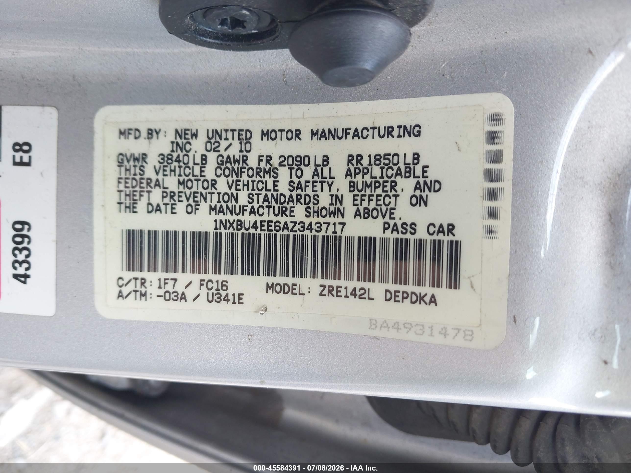 2010 Toyota Corolla Le Gray vin: 1NXBU4EE6AZ343717