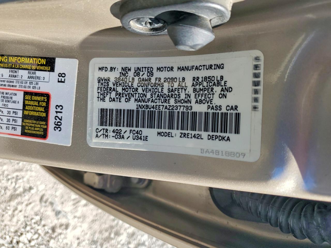 2010 Toyota Corolla Le Gold vin: 1NXBU4EE7AZ237793