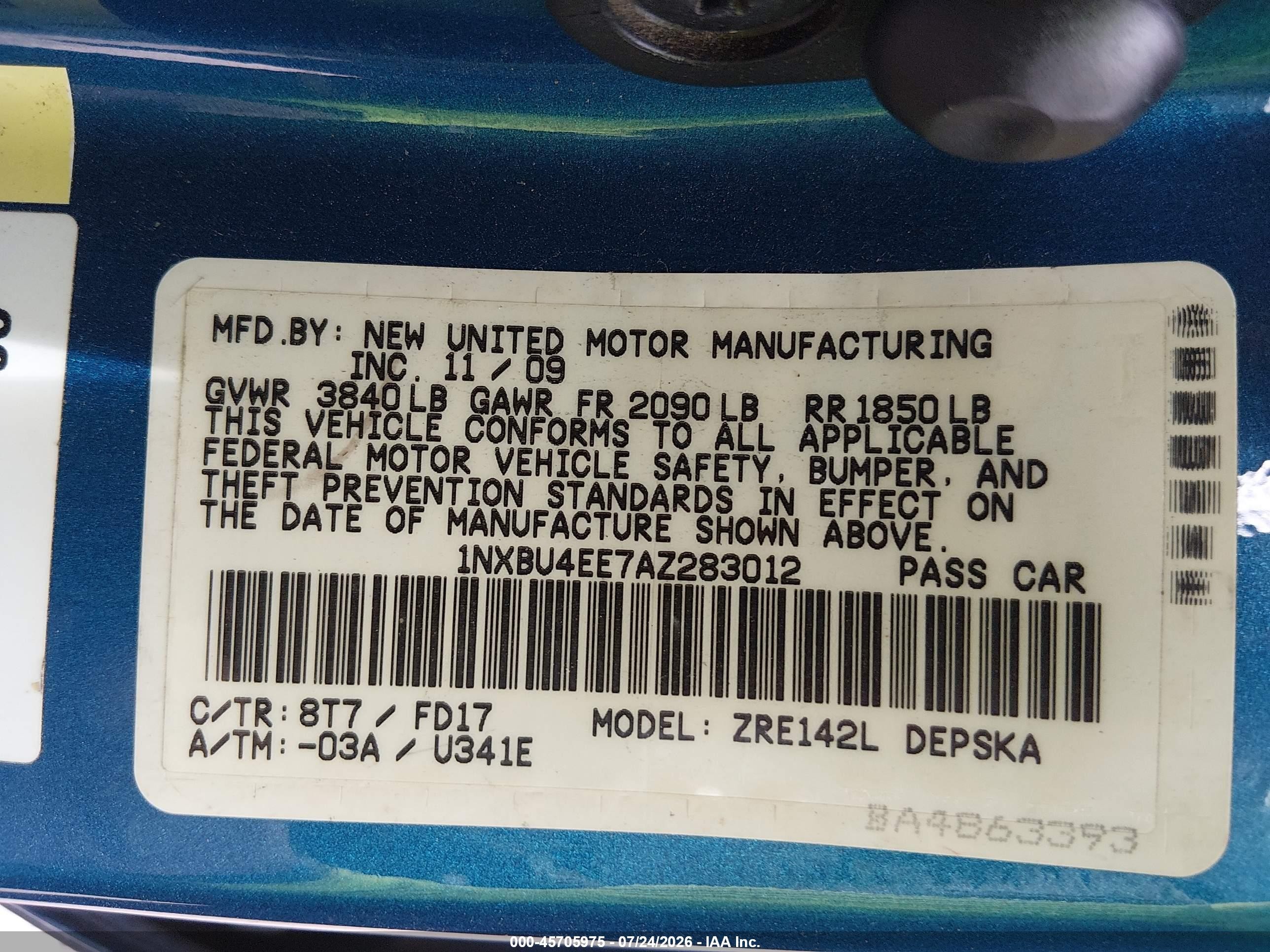 2010 Toyota Corolla S Blue vin: 1NXBU4EE7AZ283012