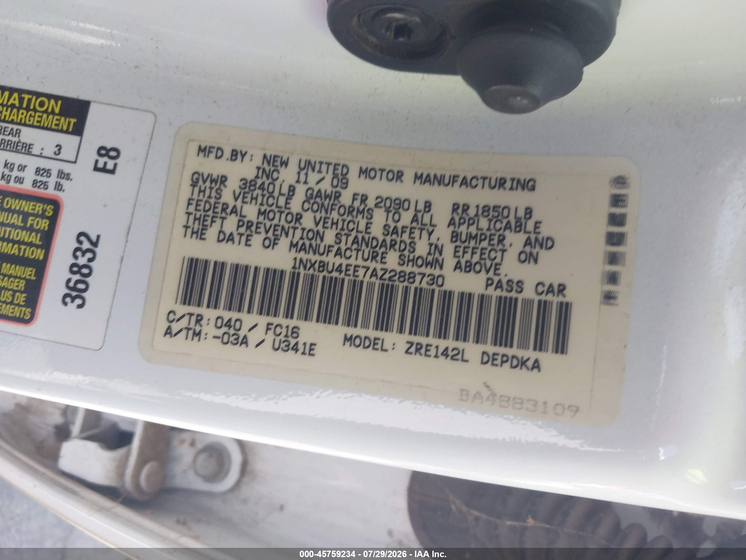 2010 Toyota Corolla Le Белый vin: 1NXBU4EE7AZ288730