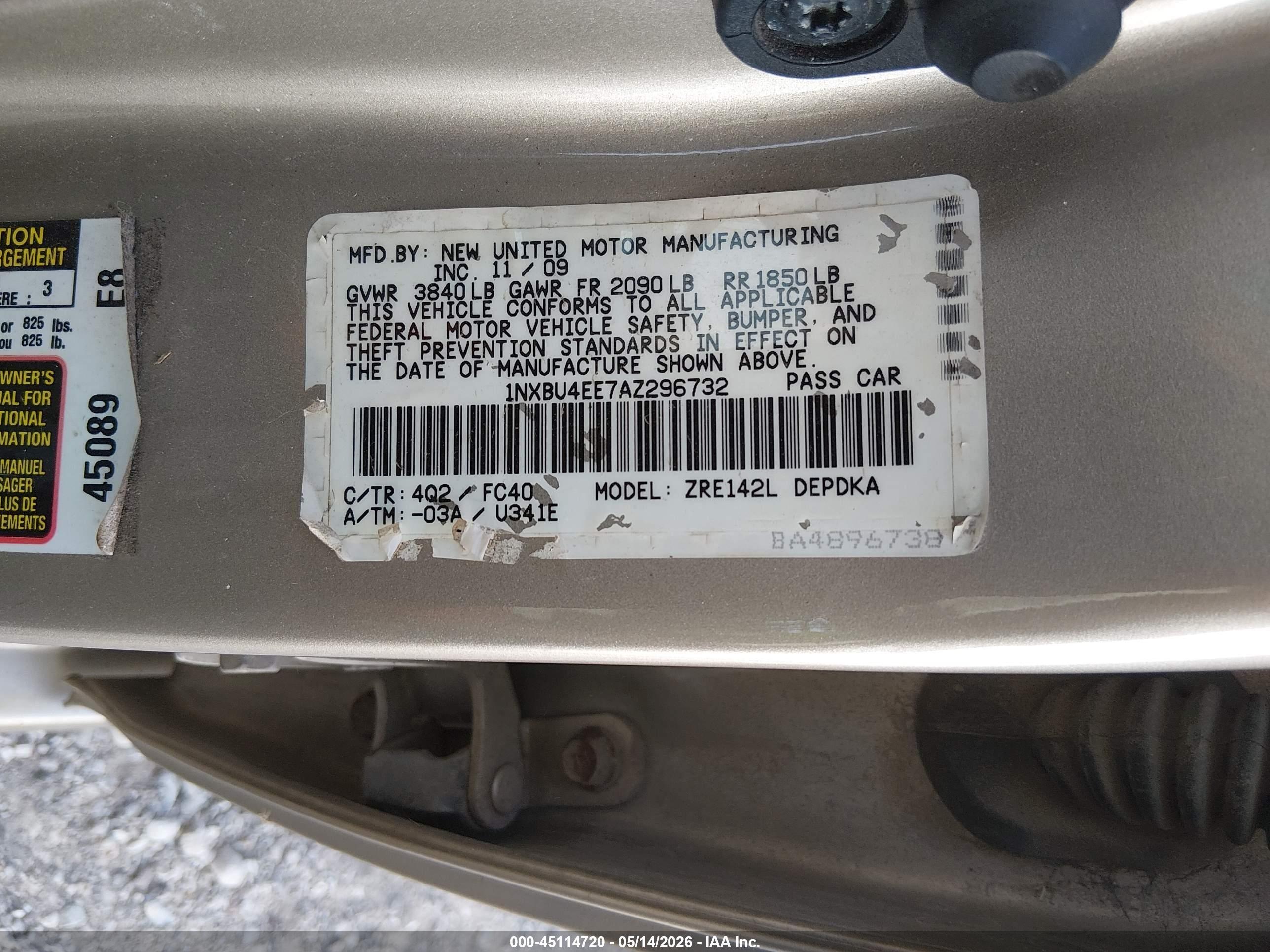 2010 Toyota Corolla Le Gold vin: 1NXBU4EE7AZ296732