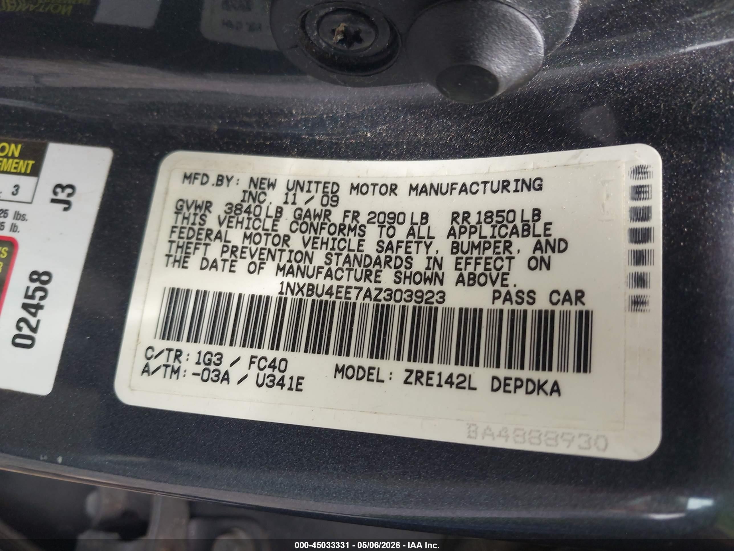 2010 Toyota Corolla Le Blue vin: 1NXBU4EE7AZ303923