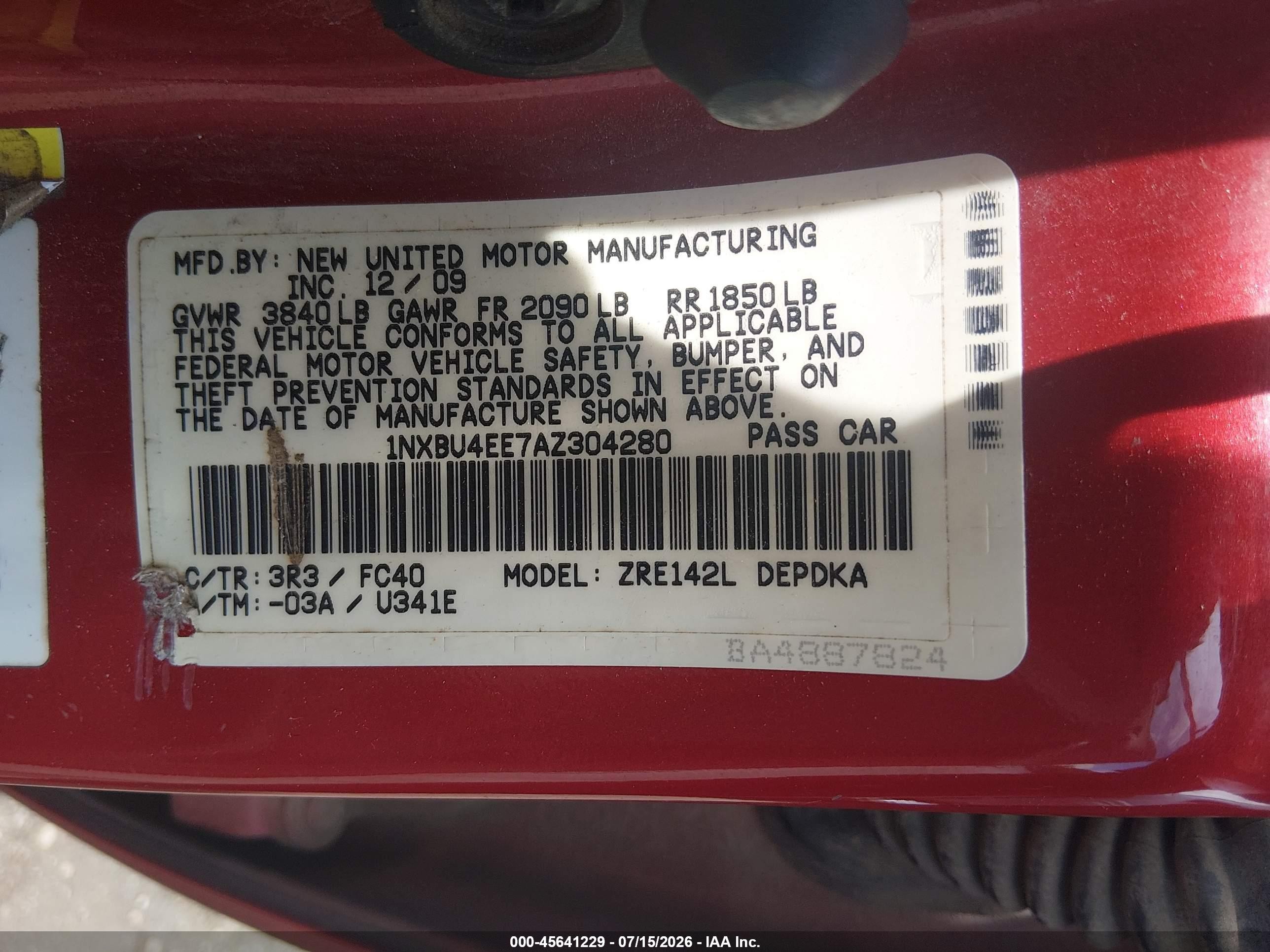 2010 Toyota Corolla Le Red vin: 1NXBU4EE7AZ304280