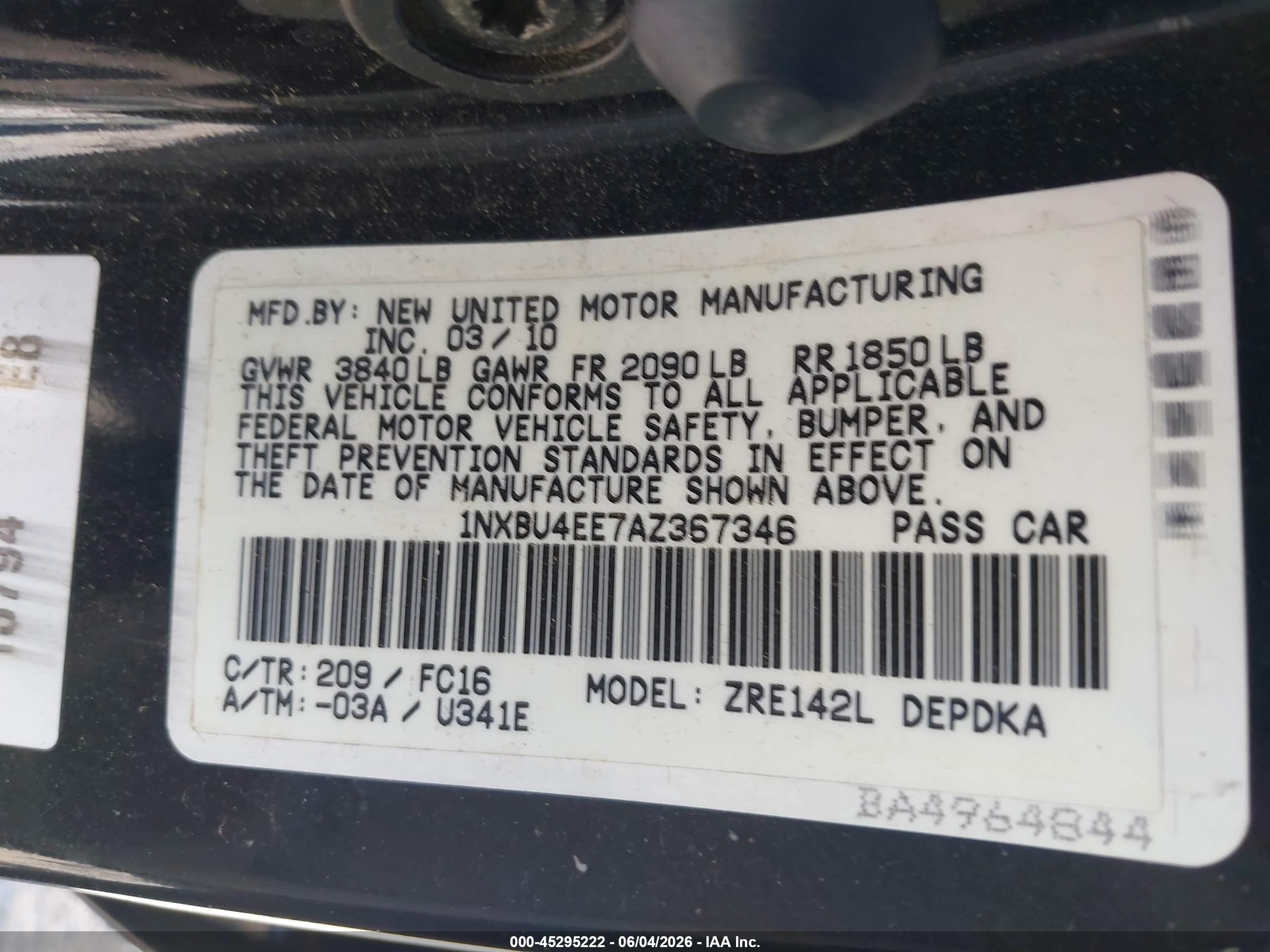2010 Toyota Corolla Le Black vin: 1NXBU4EE7AZ367346