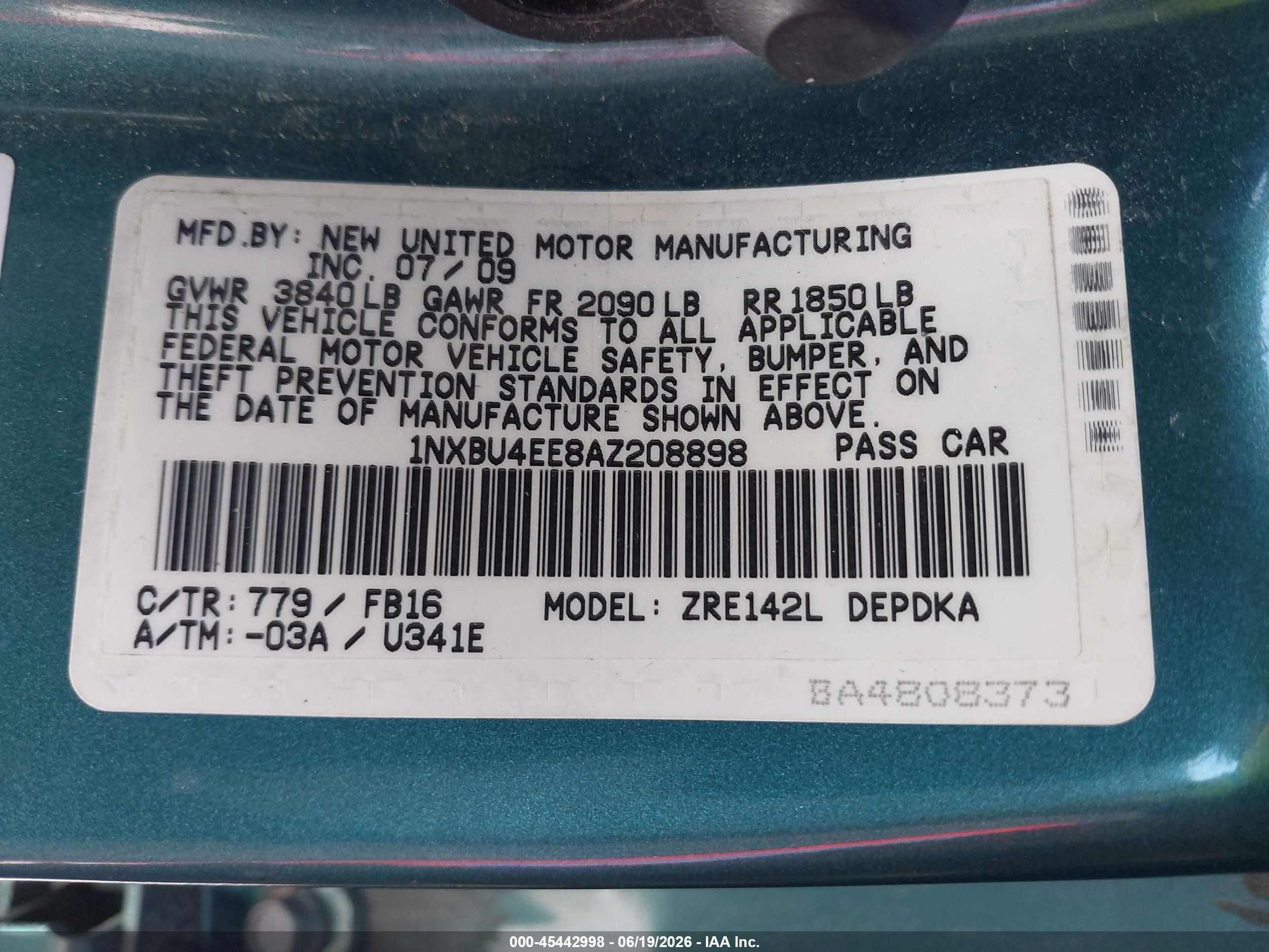 2010 Toyota Corolla Teal vin: 1NXBU4EE8AZ208898