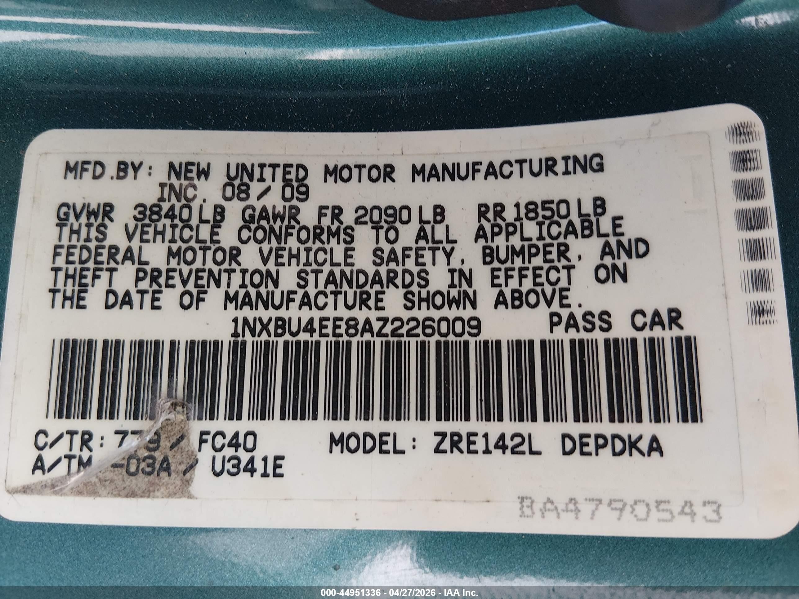 2010 Toyota Corolla Le Green vin: 1NXBU4EE8AZ226009