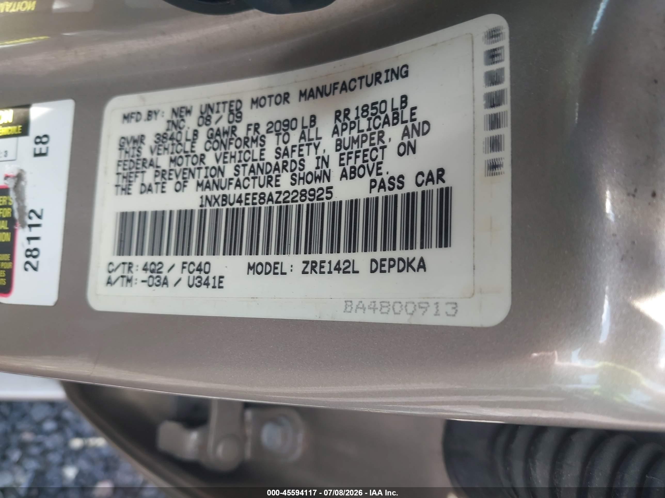2010 Toyota Corolla Le Gold vin: 1NXBU4EE8AZ228925