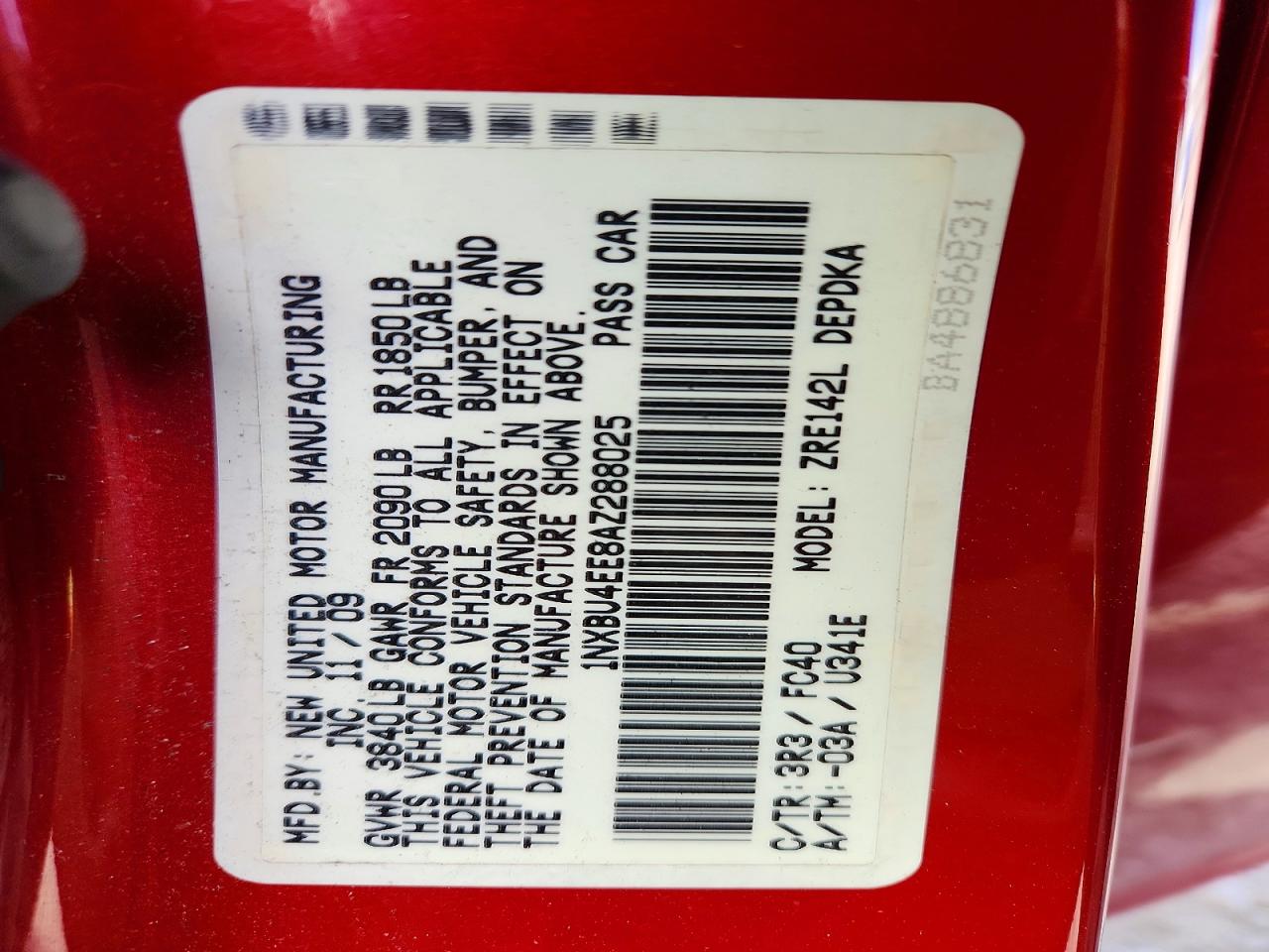2010 Toyota Corolla Le Red vin: 1NXBU4EE8AZ288025