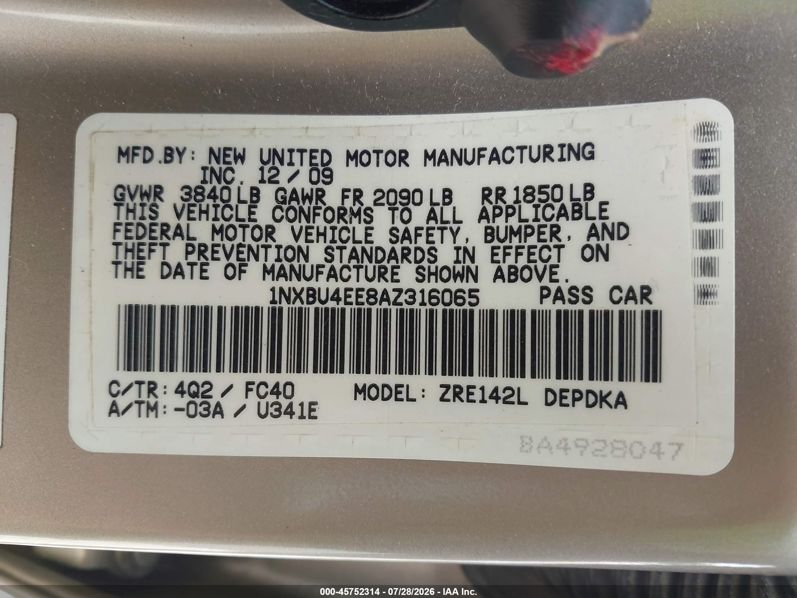 2010 Toyota Corolla Le Tan vin: 1NXBU4EE8AZ316065