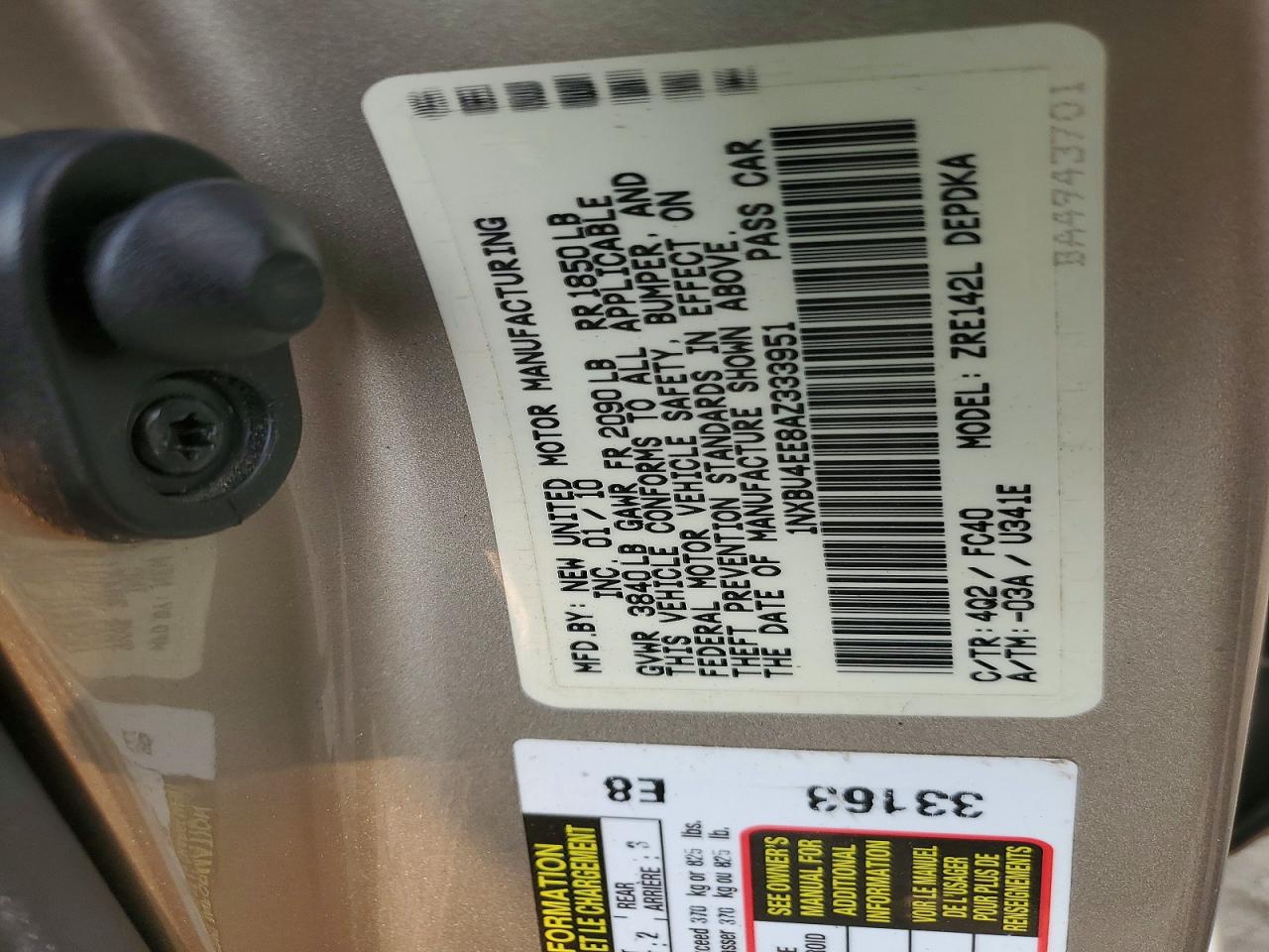 2010 Toyota Corolla Le Gold vin: 1NXBU4EE8AZ333951