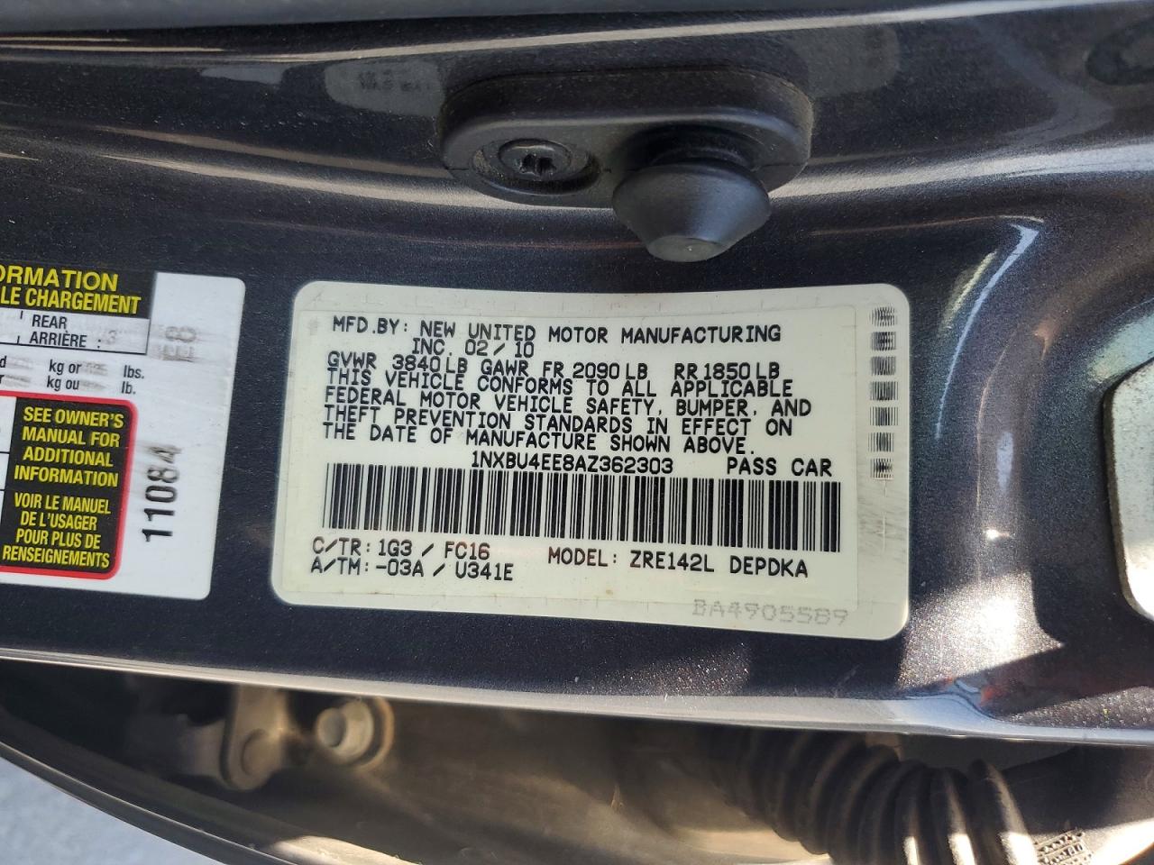 2010 Toyota Corolla Le Charcoal vin: 1NXBU4EE8AZ362303