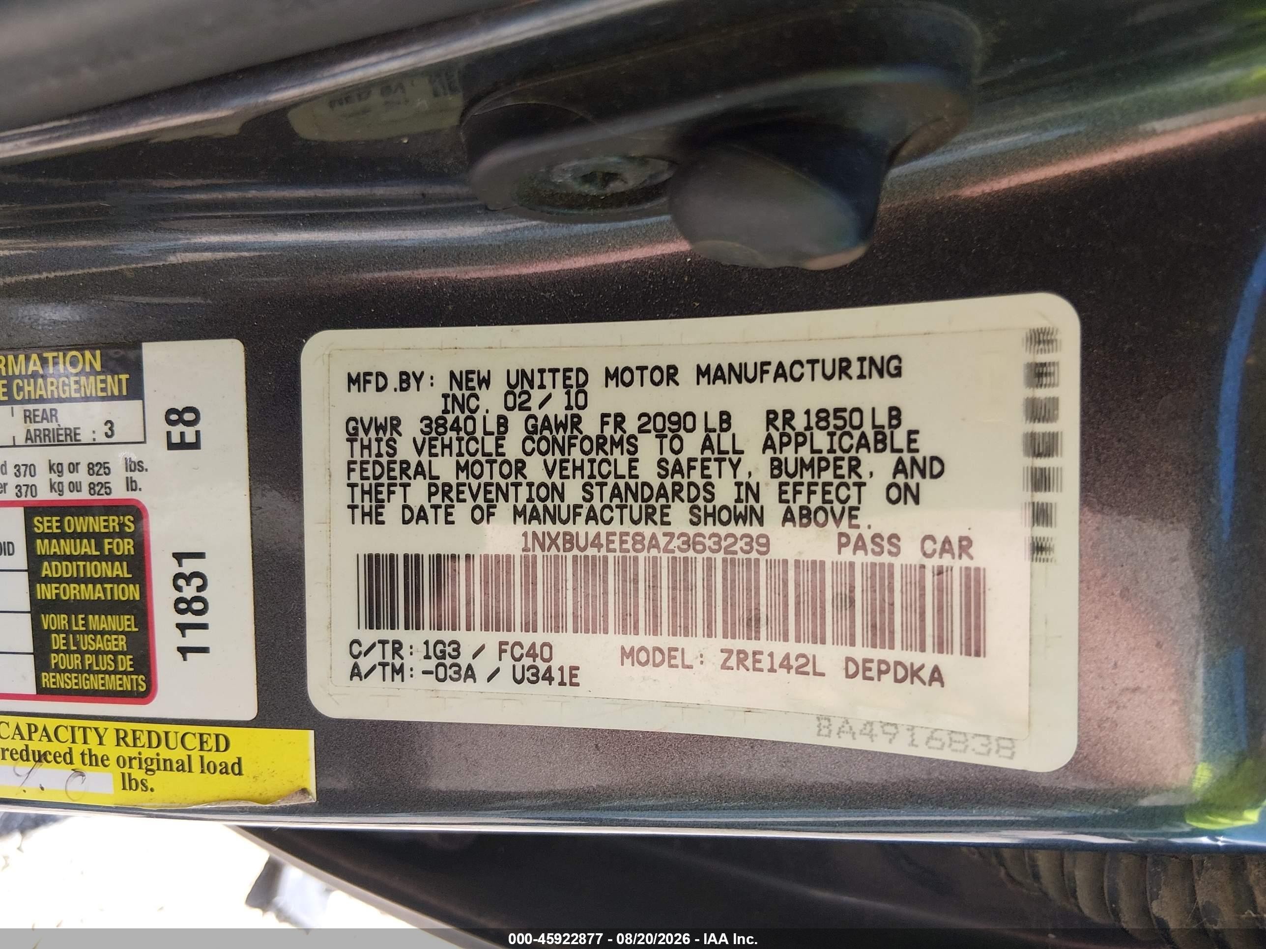 2010 Toyota Corolla Le Gray vin: 1NXBU4EE8AZ363239