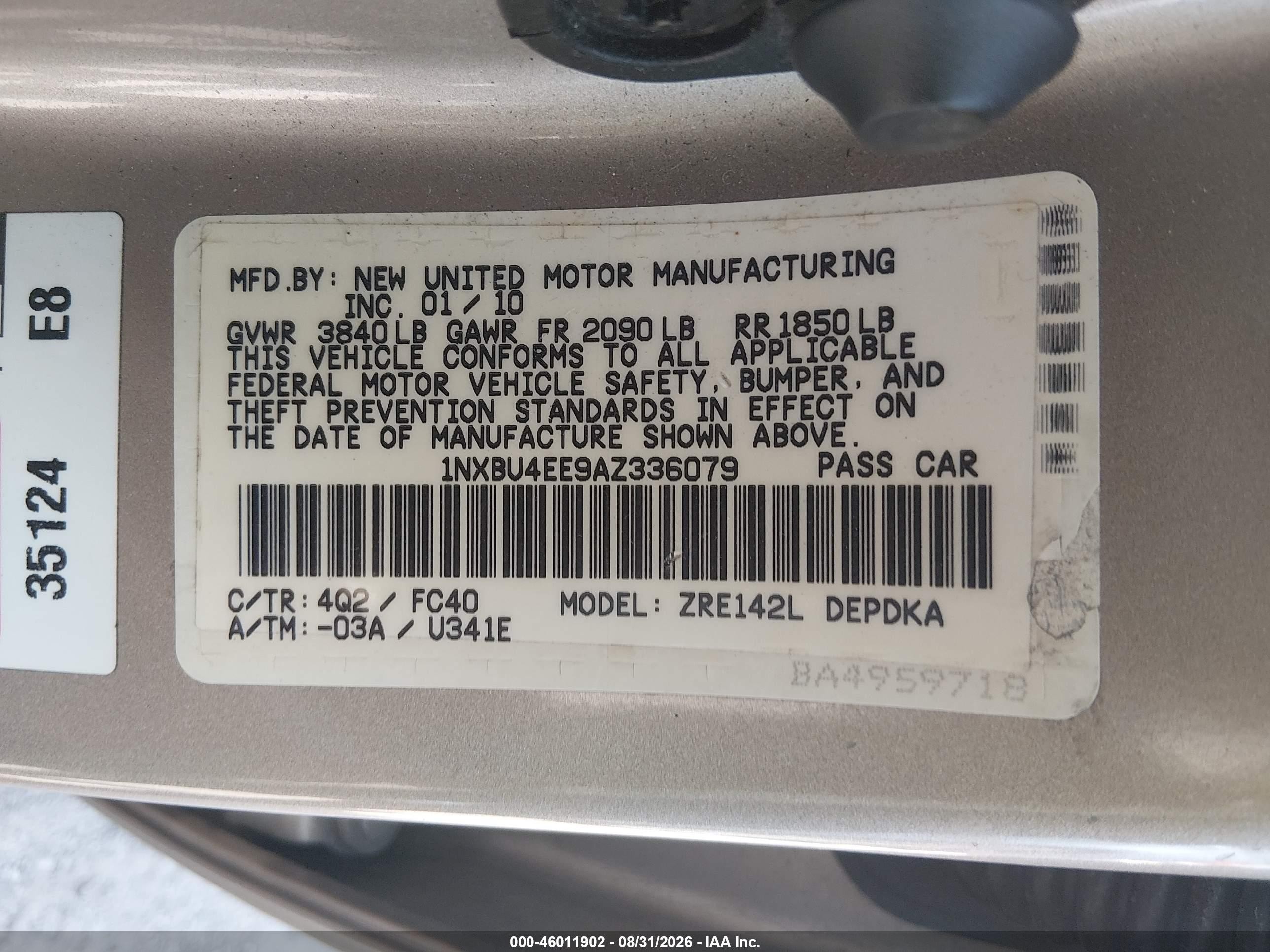 2010 Toyota Corolla Le Gold vin: 1NXBU4EE9AZ336079
